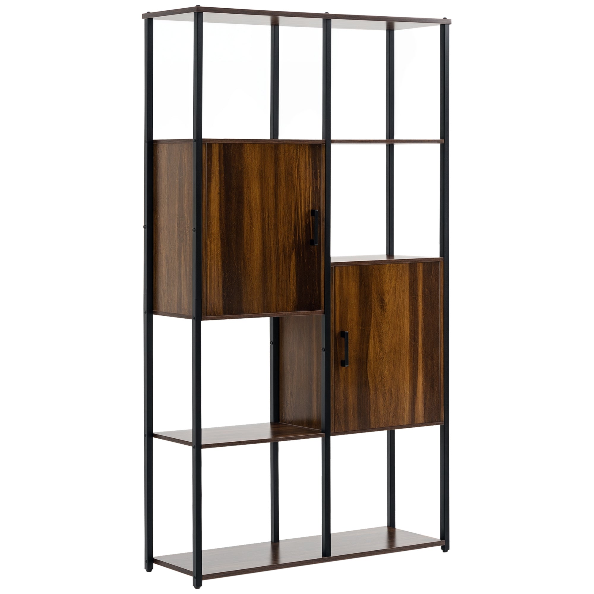 Modern Industrial Style Bookcase with 4 Shelves and 2 Cabinets, Metal and Wood Shelf for Home and Office, 90x30x159.5cm, Black and Rustic Brown