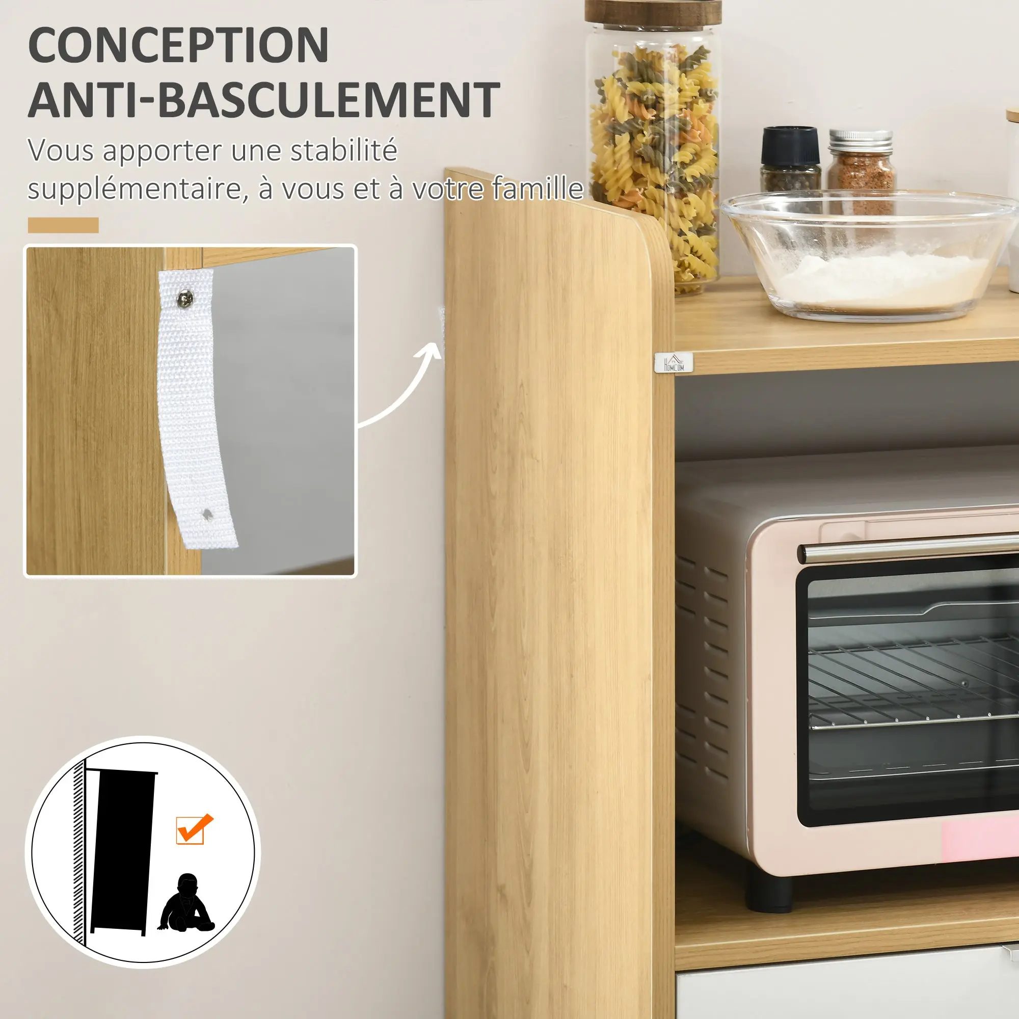 Scandinavian style kitchen cart for microwave with cupboard, drawer, adjustable shelf - 58 x 40 x 118 cm - natural and white