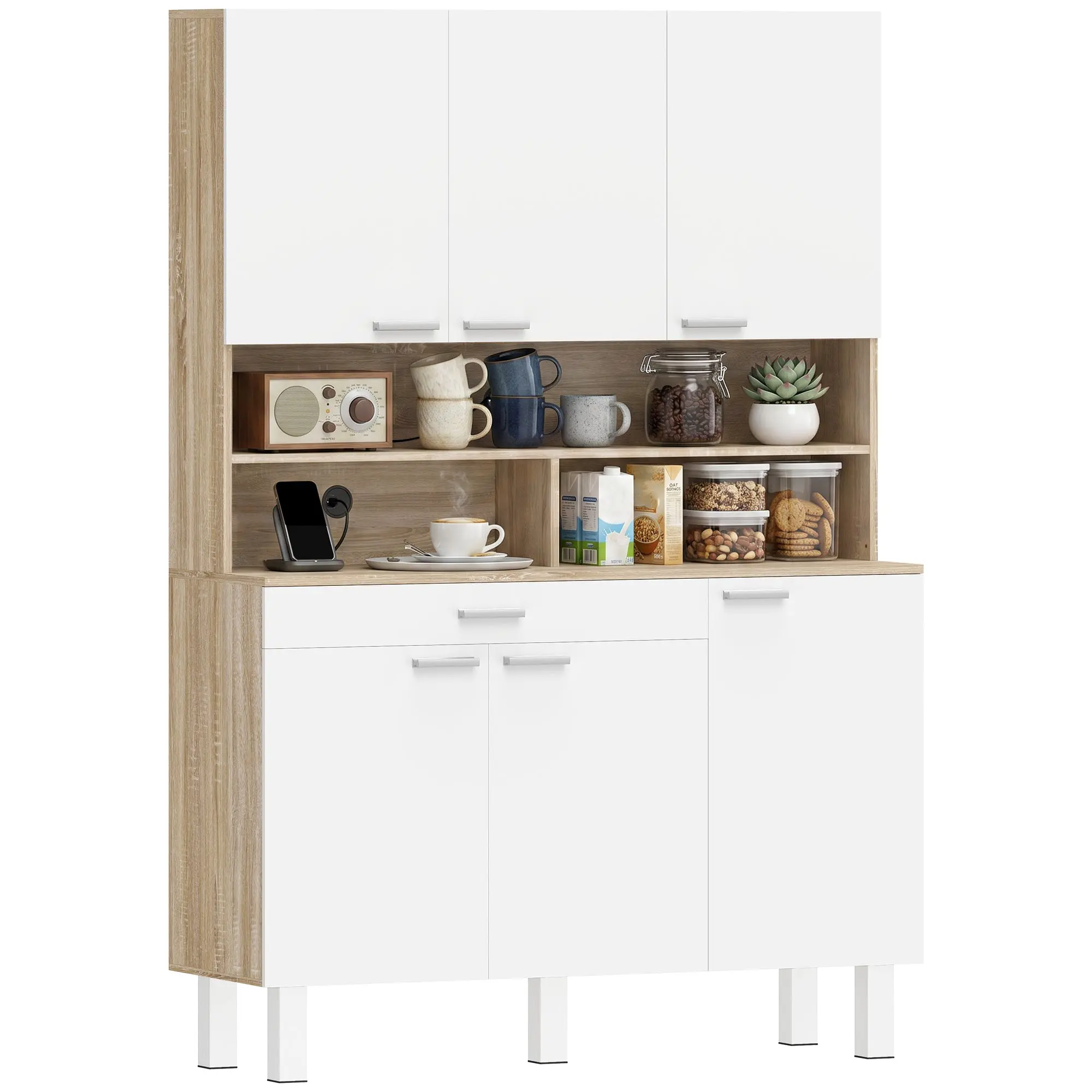 Tall Kitchen Pantry Cabinet, Kitchen Sideboard with 6 Doors & Large Drawer, Shelves and Wide Countertop for Microwave, 47.2 x 15.7 x 68.9 in (120 x 40 x 175 cm), White/Natural