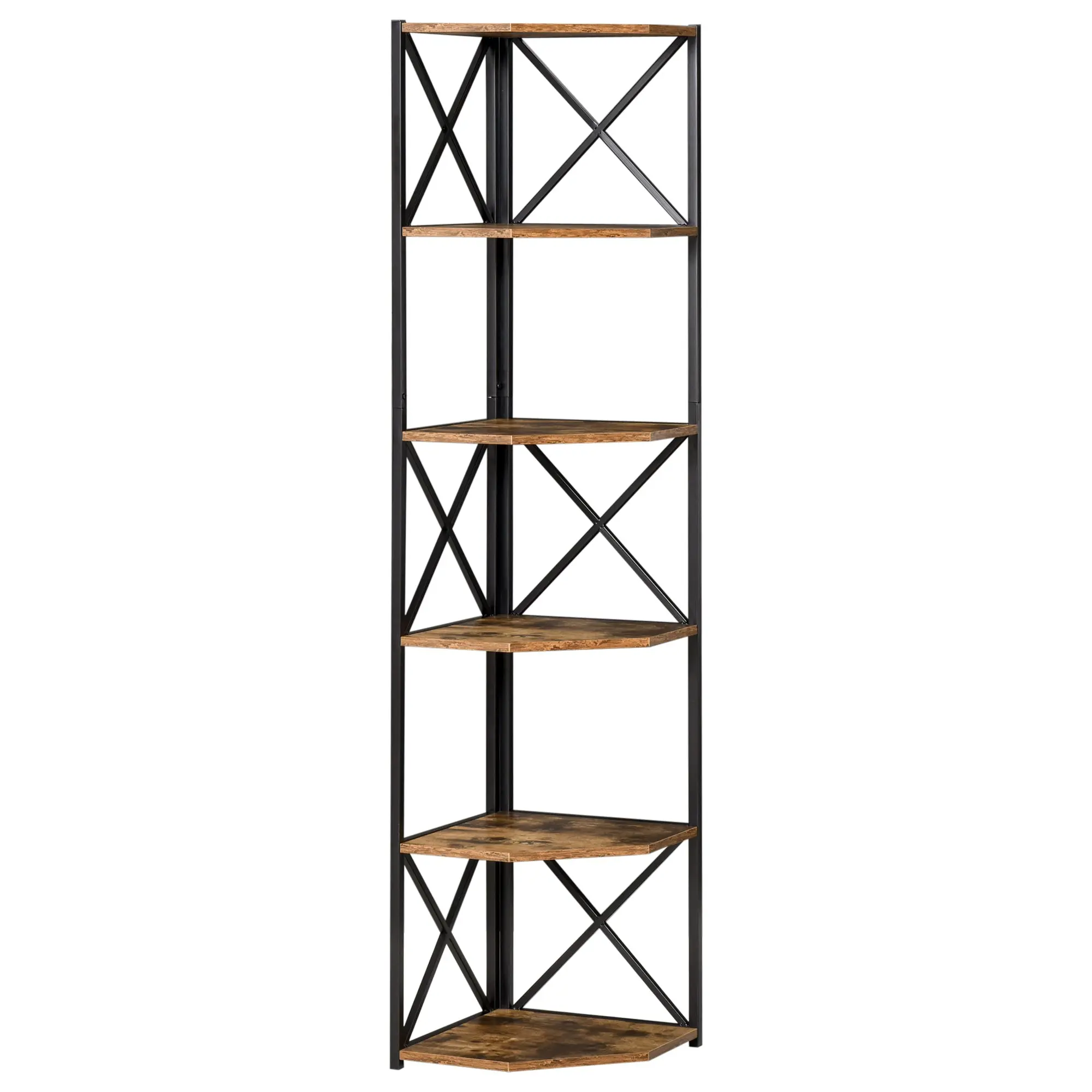 Wall-Mounted Corner Bookcase, Industrial Style Shelf in Wood and Metal with 5 Shelves, 39x39x175cm, Rustic Brown