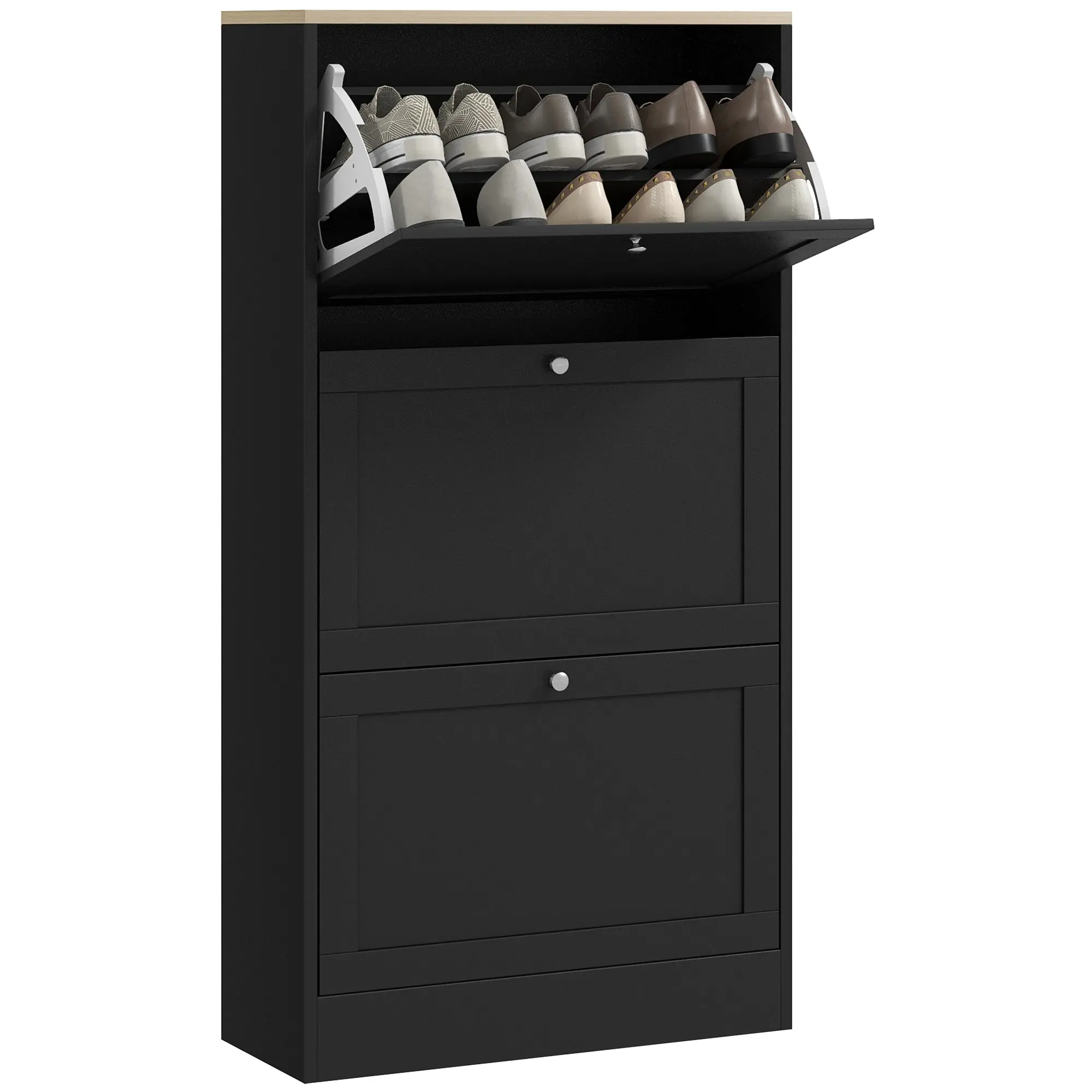 Narrow Shoe Cabinet with 3 Flip-Down Doors Shoe Storage Entryway Shoe Rack with Adjustable Shelves for 18 Pairs of Shoes for Hallway Small Spaces 60x23.5x115 cm Black