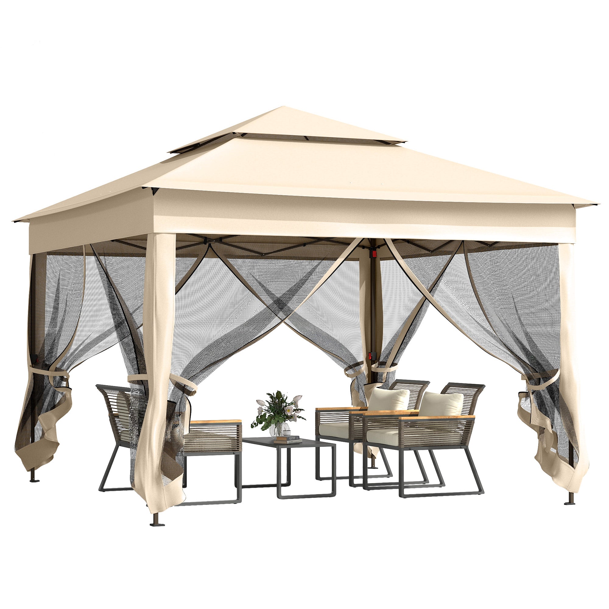 Outsunny Preklopni Gazebo 3.3x3.3m Preklopna Nadstrešnica s 4 Protu-UV Mrežastim Bočnim Zidovima i Torbom za Prijenos za Kampiranje i Zabave Krem