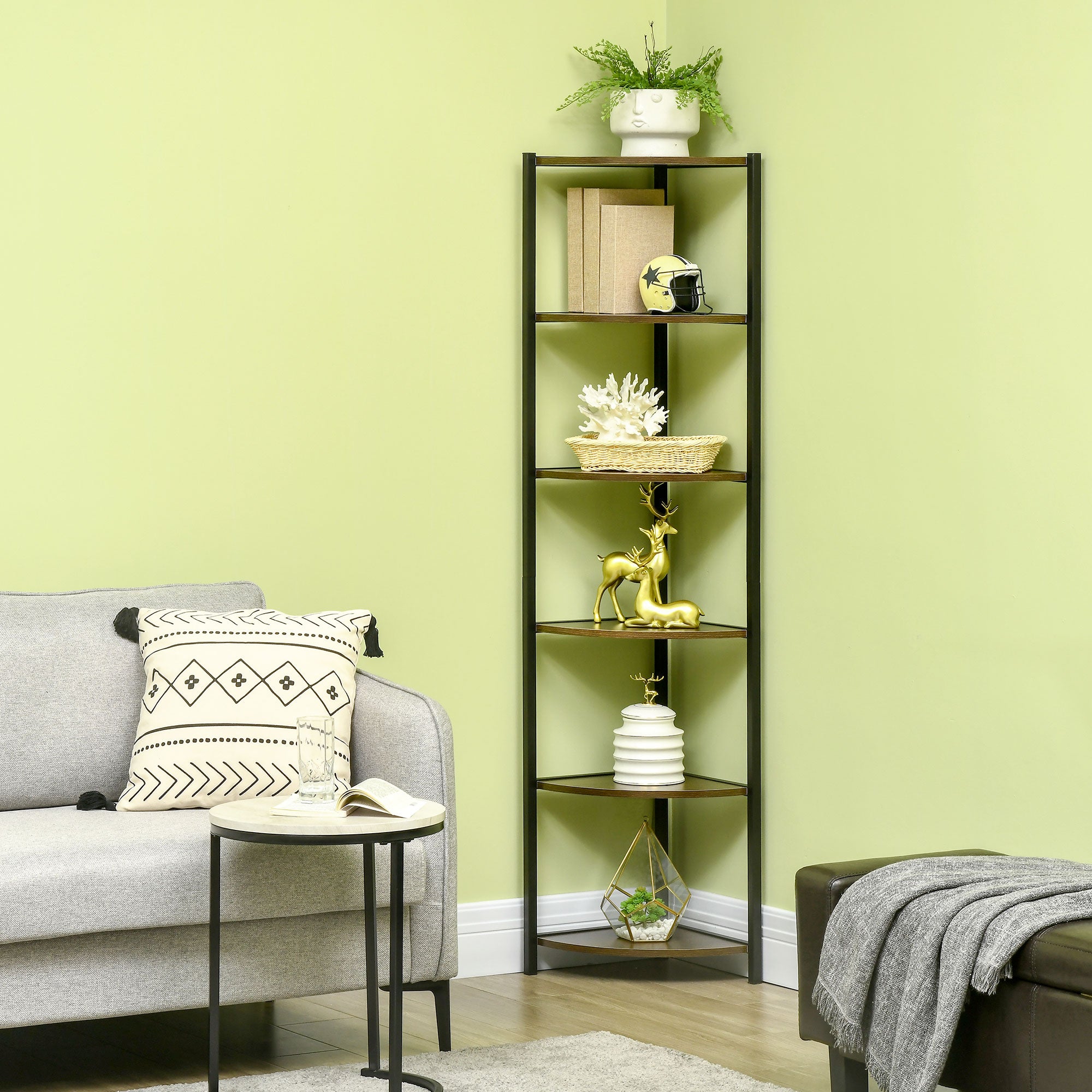 5-Tier Corner Shelf Industrial Style Metal Frame Corner Bookshelf - 34 x 34 x 166 cm Brown Black