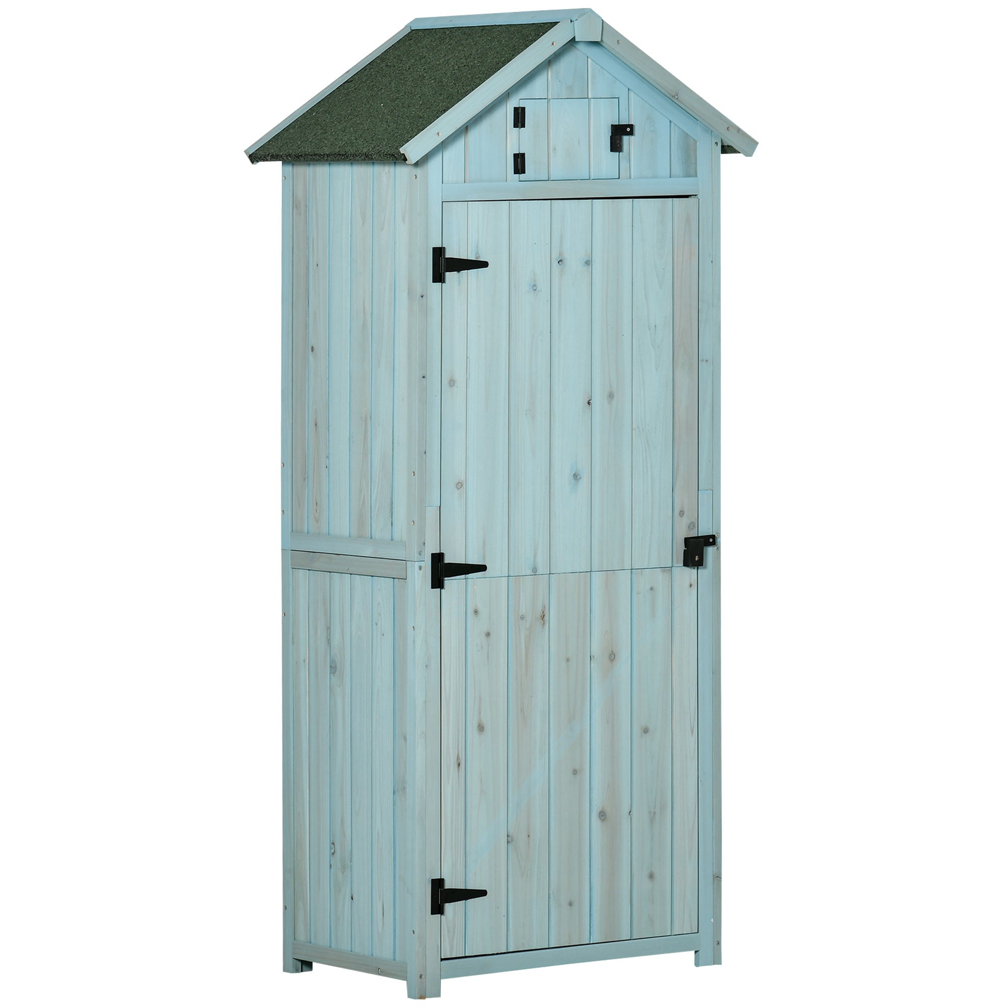 Wooden Garden Shed, Outdoor Tool Storage Cabinet with Shelves, Weather-Resistant Gable Roof, Lockable Doors, Ventilation Window, 77 x 54.2 x 179 cm, Light Blue