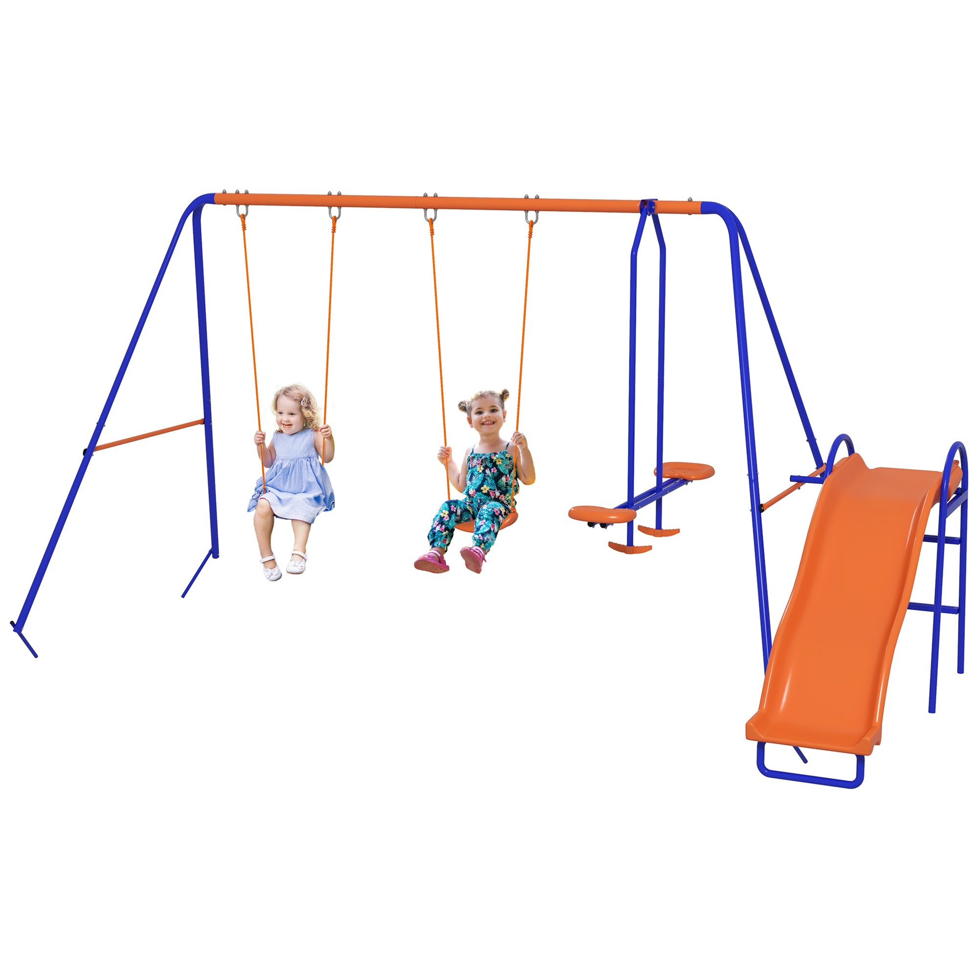 Outsunny 4-in-1 Kinderschaukelset mit 2 Einzelschaukel, 1 Doppelschaukel, 1 Rutsche, verstellbarem Seil und UV-Schutz für den Außenbereich in Mehrfarbig