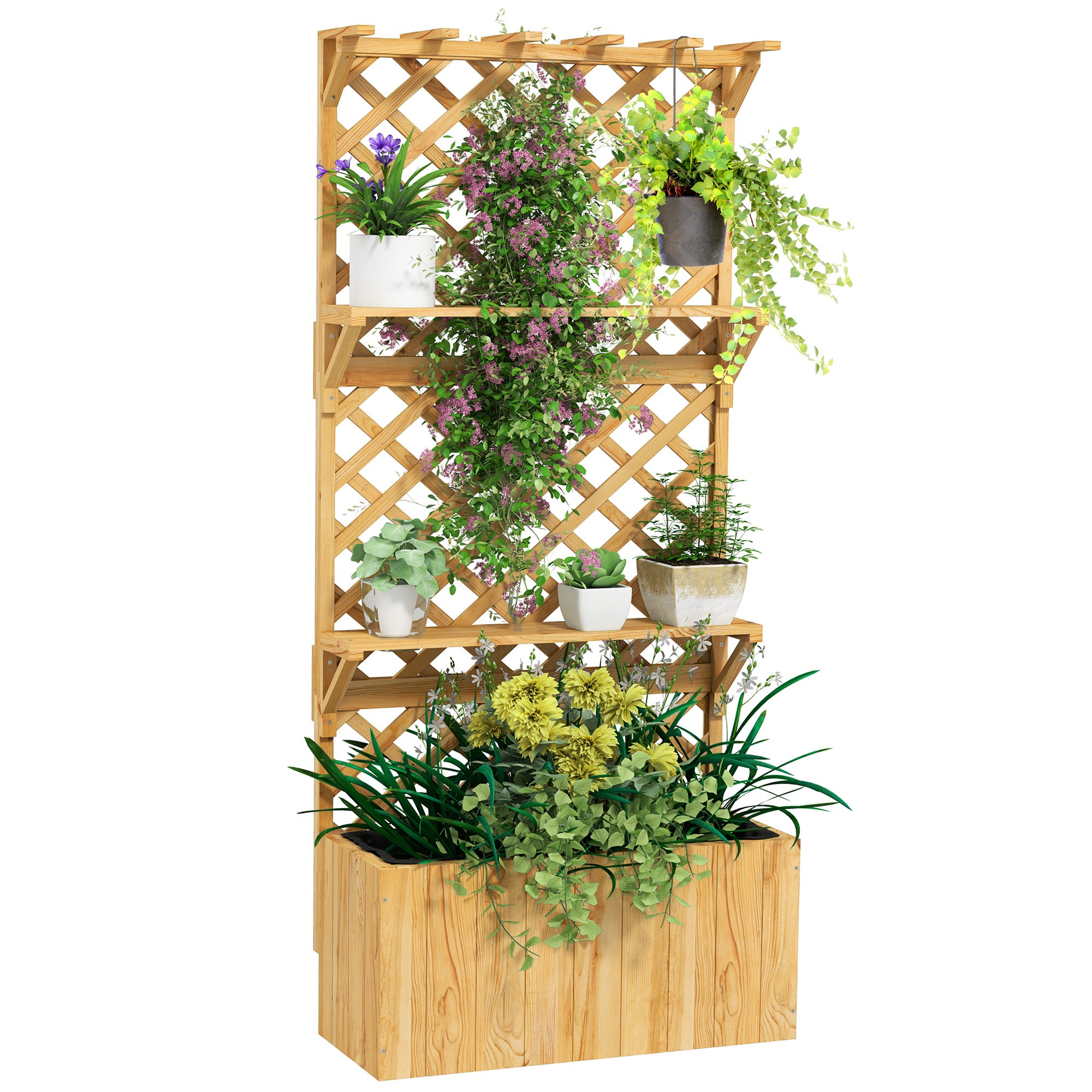 Raised Garden Bed with Trellis, Flower Planter Box made of Pine Wood, Plant Bed with Trellis, Cold Frame with Shelves, Garden Bed Planter Box for Terrace, Garden, 76 x 33 x 177 cm
