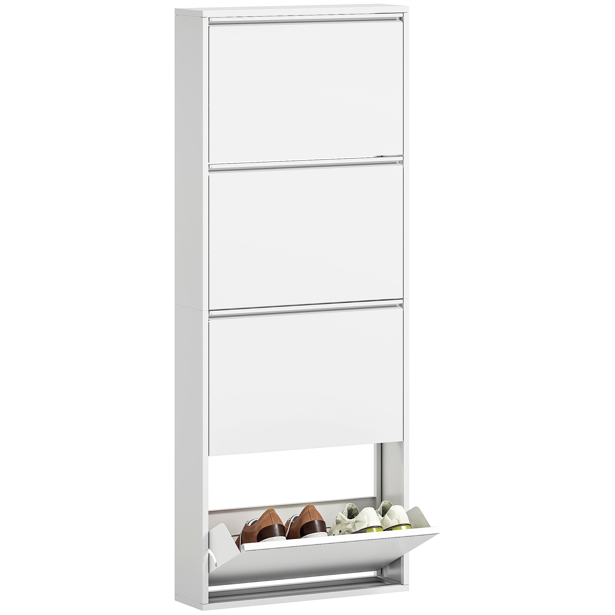 HOMCOM Metalinis Batų Spintelė su 4 Nuleidžiamomis Durimis, Siauras Batų Stovas, Sieninis Batų Lentynas 55 x 15 x 139.5 cm, Baltas