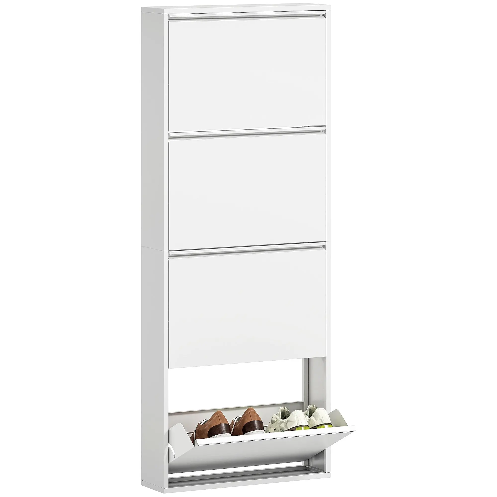 Shoe Cabinet Metal with 4 Flaps Shoe Tilt Out Narrow Shoe Chest Shoe Rack Shoe Shelf Wall Mount for 8 Pairs of Shoes 55 x 15 x 139.5 cm White