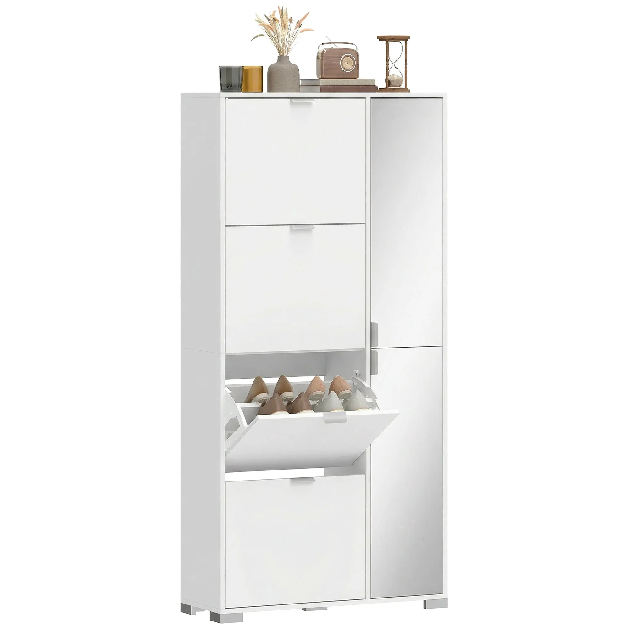 Narrow Shoe Cabinet for 16 Pairs with 4 Flip Drawers, 2 Mirrored Doors & Adjustable Shelves, Modern Style, for Hallway/Entry, 32.3 x 11.8 x 66.1 in (82 x 30 x 168 cm), White