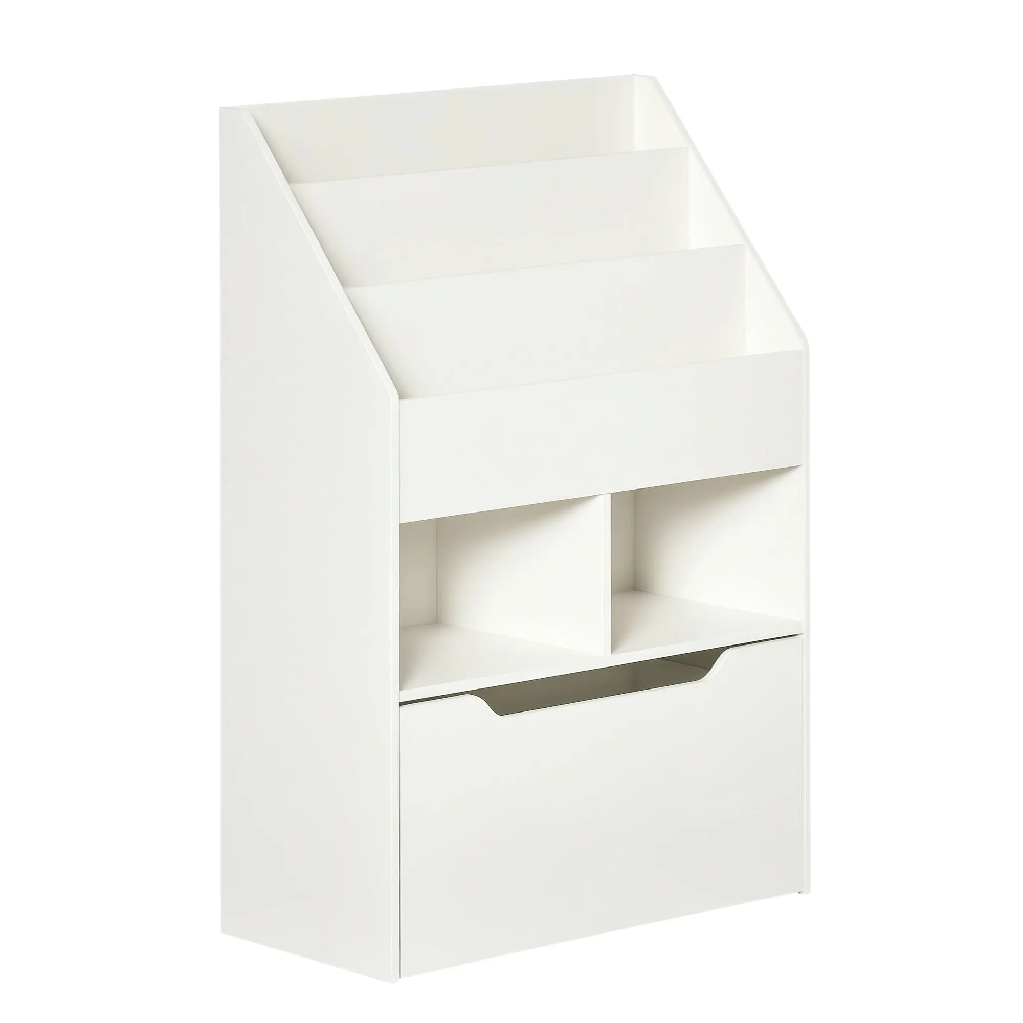 Kids' Wooden Bookcase with 3 Compartments, 2 Cubes, and Mobile Drawer with 4 Wheels Children's Bookshelf for Kids' Room Playroom 60x29.9x90 cm White