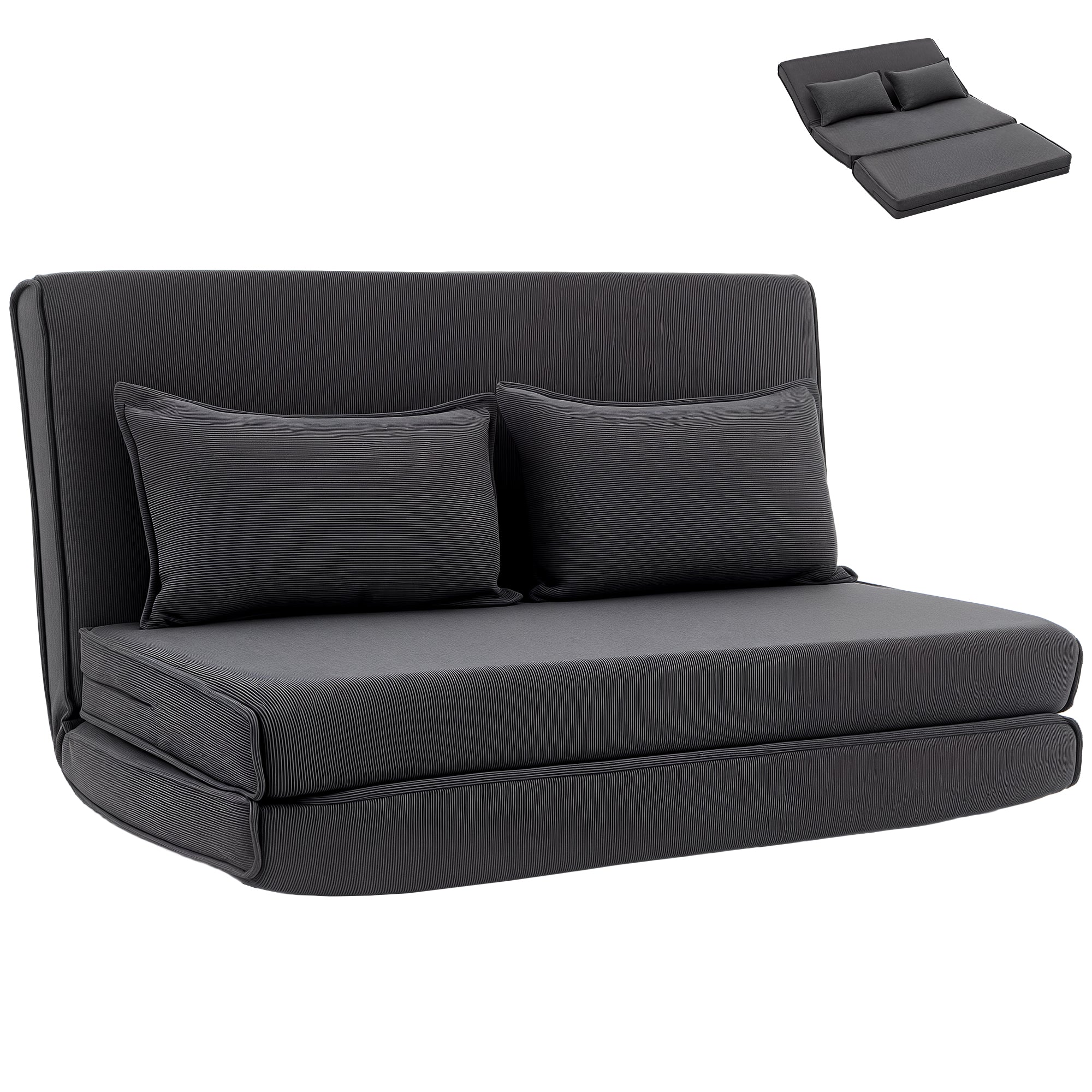 Folding Sofa Bed, 2-Seater Convertible Corduroy Velvet Lounger, Foldable Mattress, Adjustable Backrest, Wide Seat, Thick Cushion & 2 Pillows, for Living Room, Bedroom and Office, Dark Gray