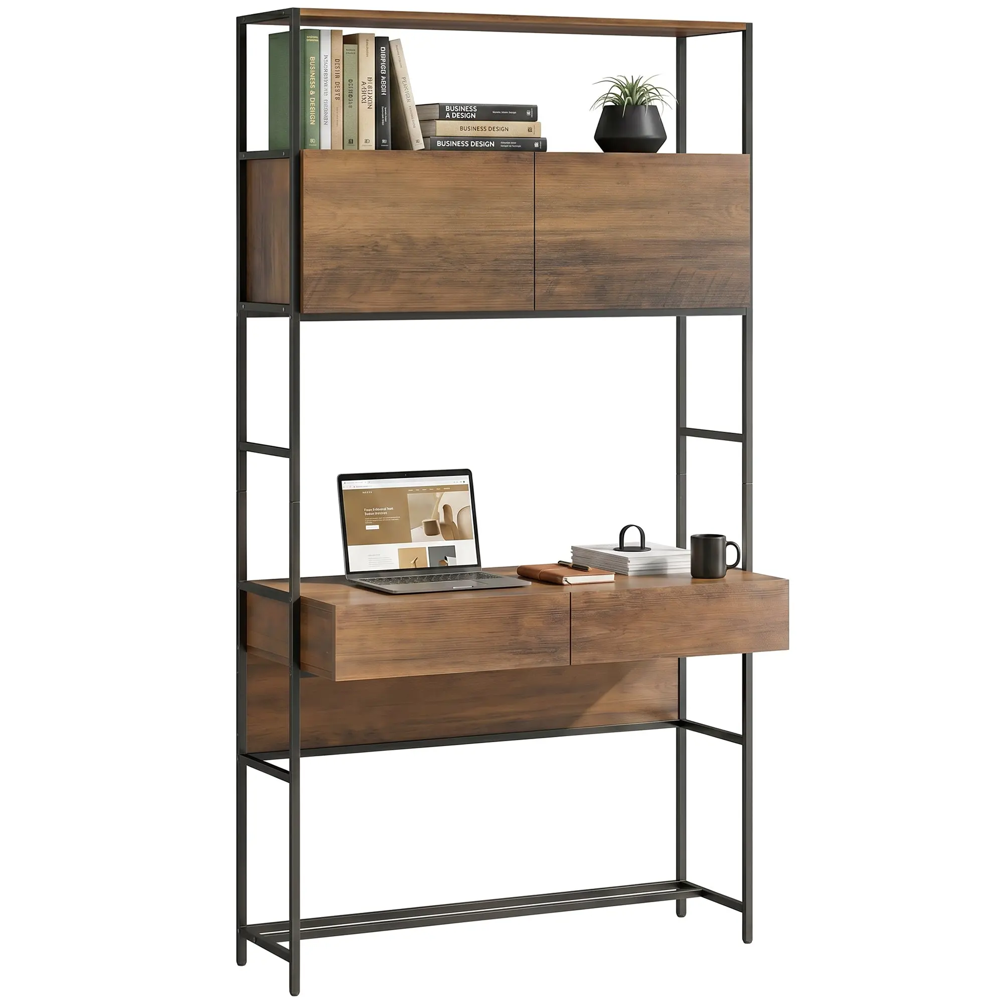 Computer Desk with 2 Drawers, 100 x 45 x 185 cm, Storage Cabinets & Open Shelves, Modern Small Space Home Office Desk, Brown Wood