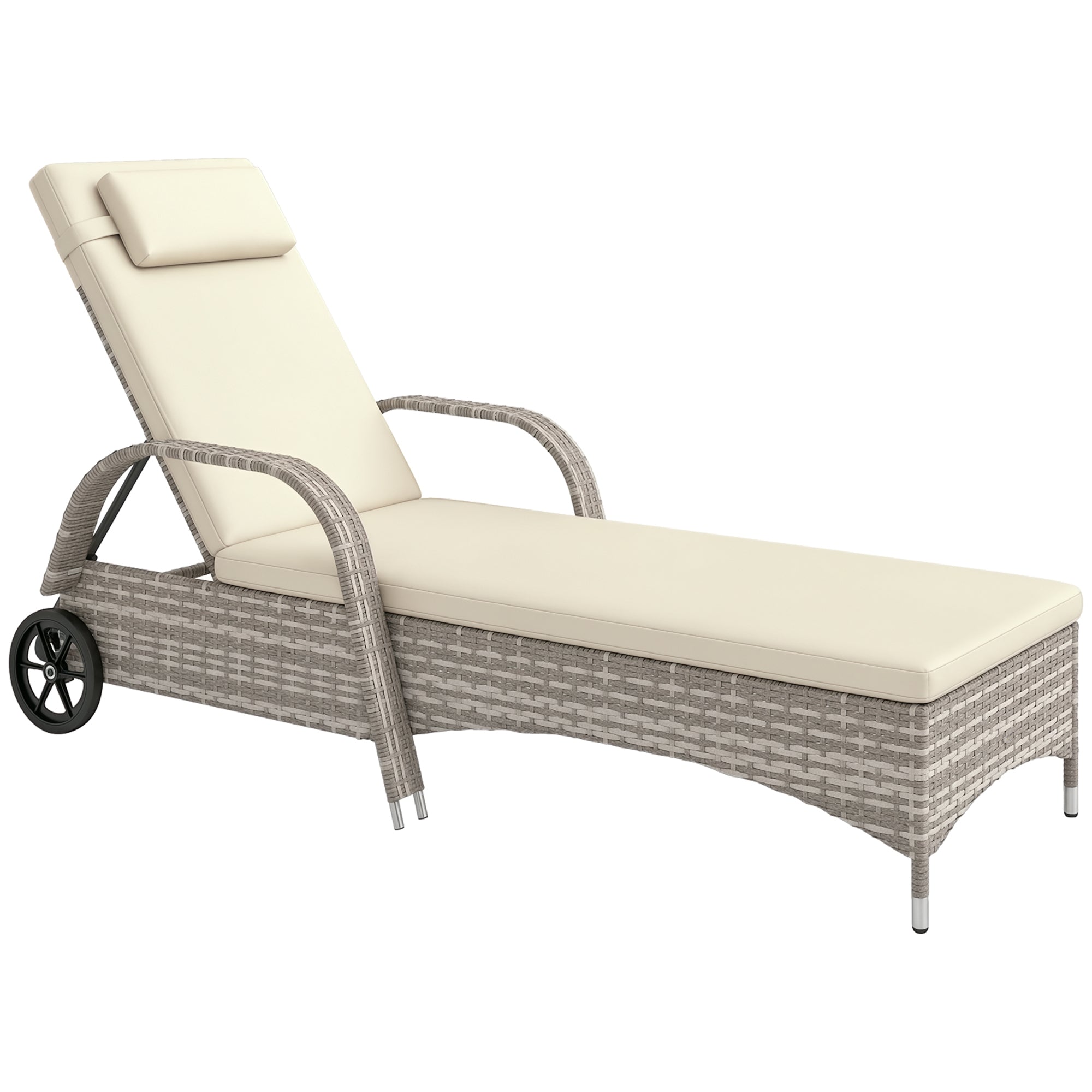 Comfortable Sun Lounger: Mattress, Headrest, Multiple Adjustable Positions, Armrests, Light Gray Resin Wicker Wheels