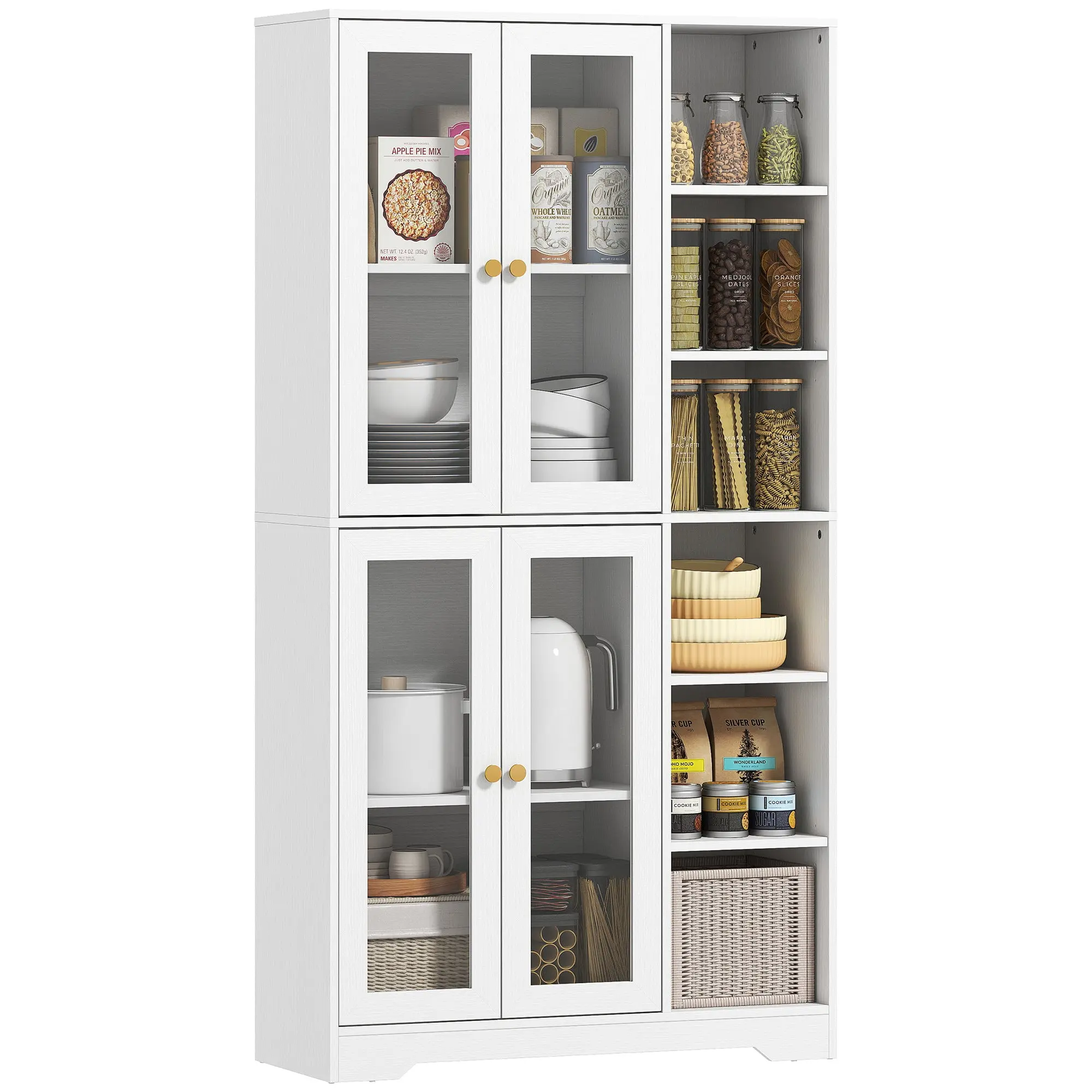 Tall Kitchen Buffet Cabinet with 4 Soft-Close Tempered Glass Doors, Adjustable Shelves & 6 Open Compartments — White