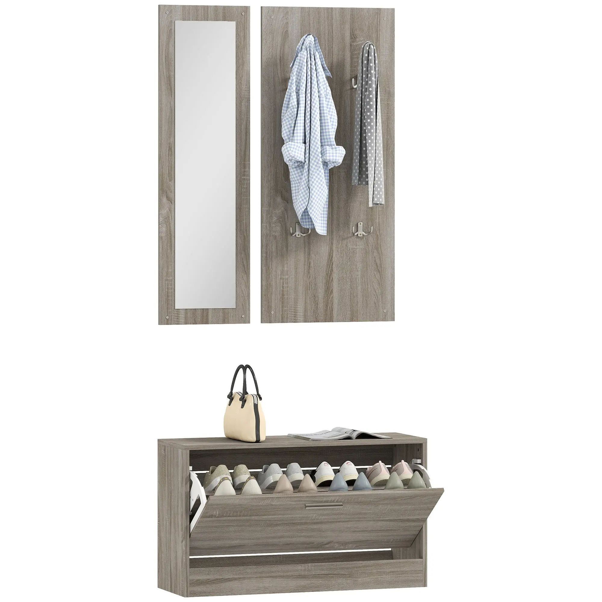3-Piece Entryway Furniture Set with Shoe Bench, Wall-Mounted Coat Rack, and Mirror, Wardrobe for Bedroom and Hallway in Wood, 80x27x46.5 cm, Grey