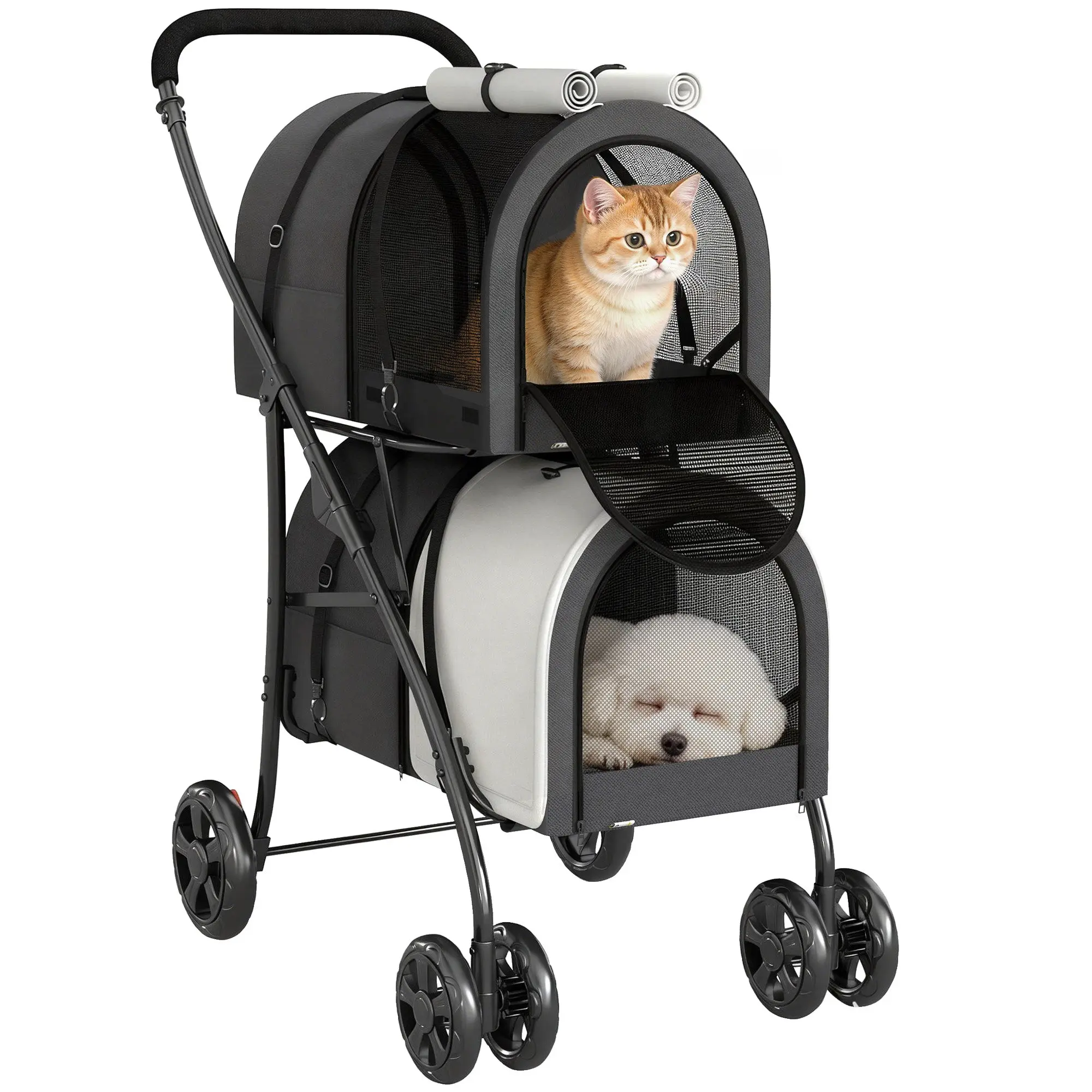 Double Pet Stroller with 2 Removable Carriers — Foldable Pet Carrier with Safety Belts, Side Pockets & Cushions, 22 lb Capacity, 26 x 19.7 x 38.6 in, Dark Gray