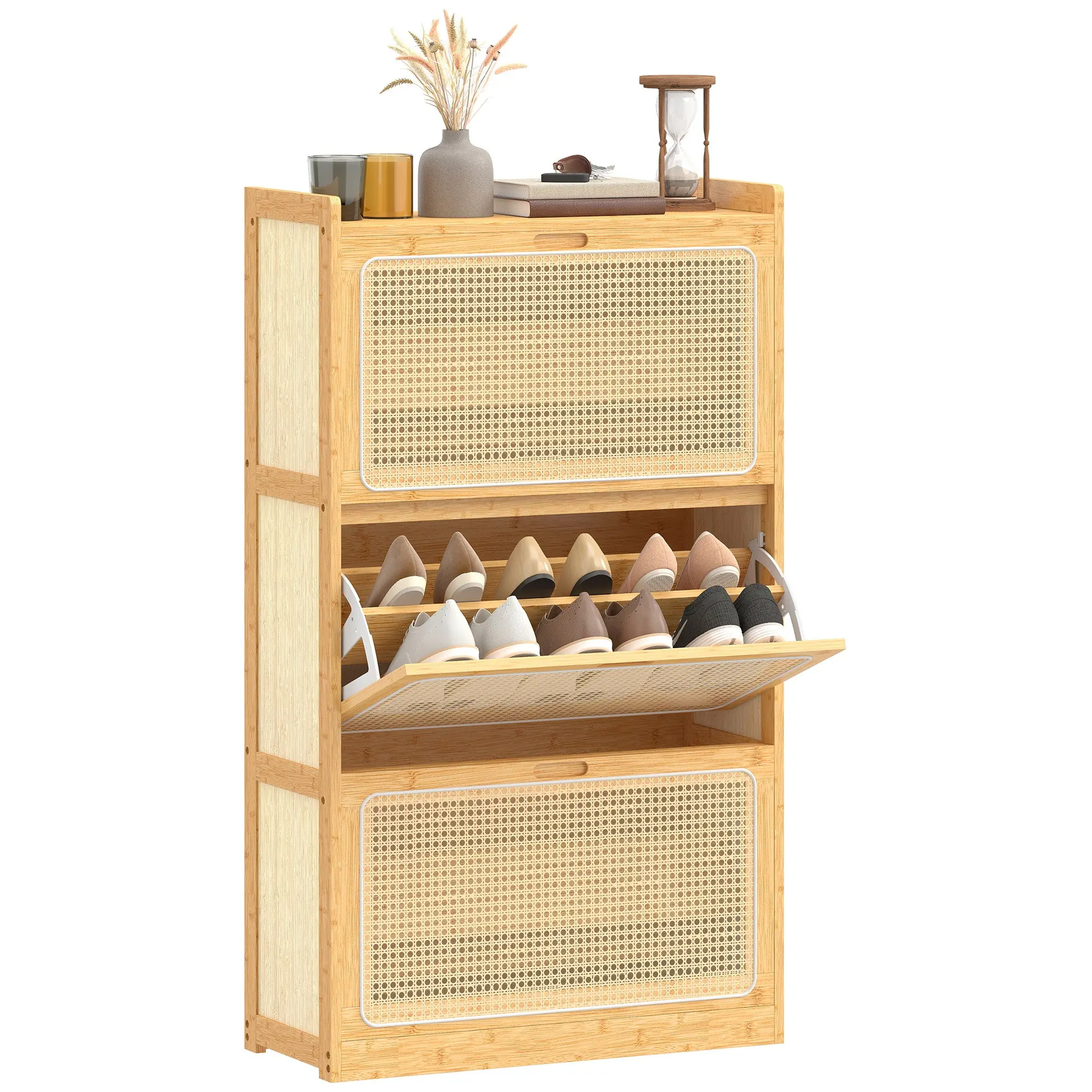 Narrow Bamboo Shoe Cabinet with 3 Flip-Down PE Rattan Drawers, Adjustable Shelves, Boho Entryway Storage for 18–21 Pairs (27.2 x 11.4 x 47.2 in), Natural