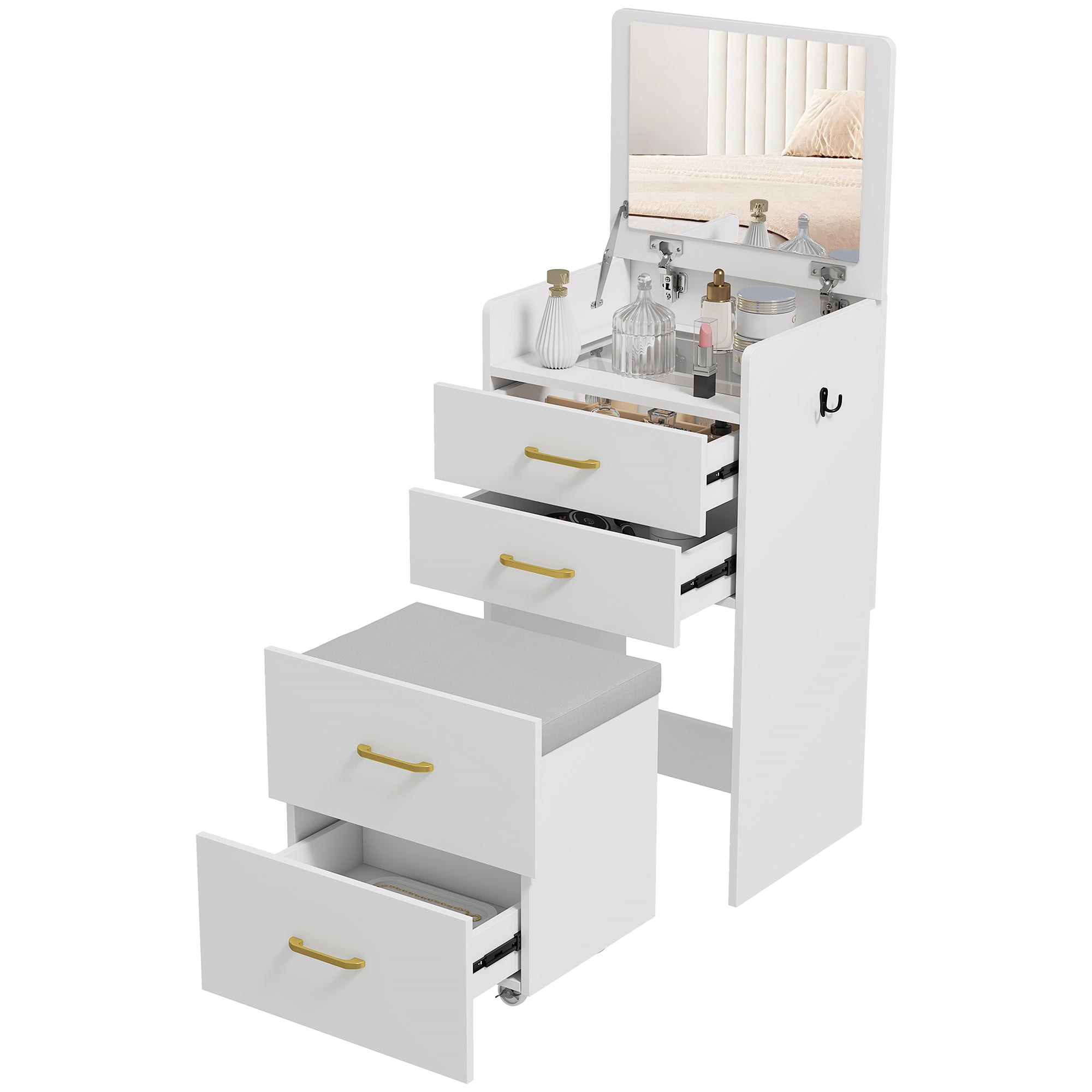 Table de Maquillage HOMCOM 3-en-1 avec Tabouret - Table de Maquillage Moderne avec Miroir, Tiroirs et Plateau en Verre Transparent pour Chambre 48x40x90 cm