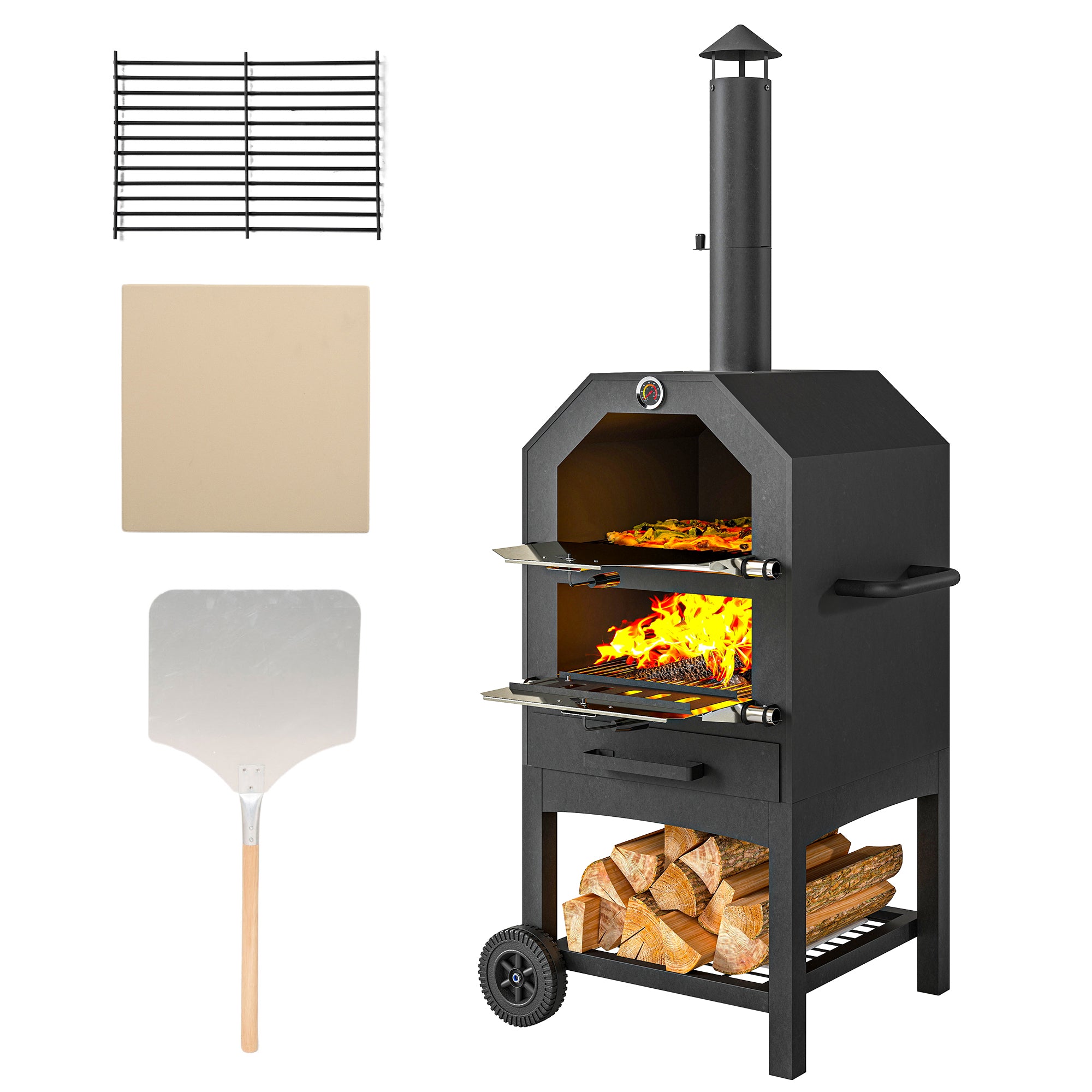 2-In-1 Pizza Oven Outdoor with Wheels Grill Oven with Cover Pizza Peel 2 Grill Nets Grill Cart with Chimney 3-Tier Wood Fired Oven for BBQ Steel Black+Silver 66 x 45 x 158 cm
