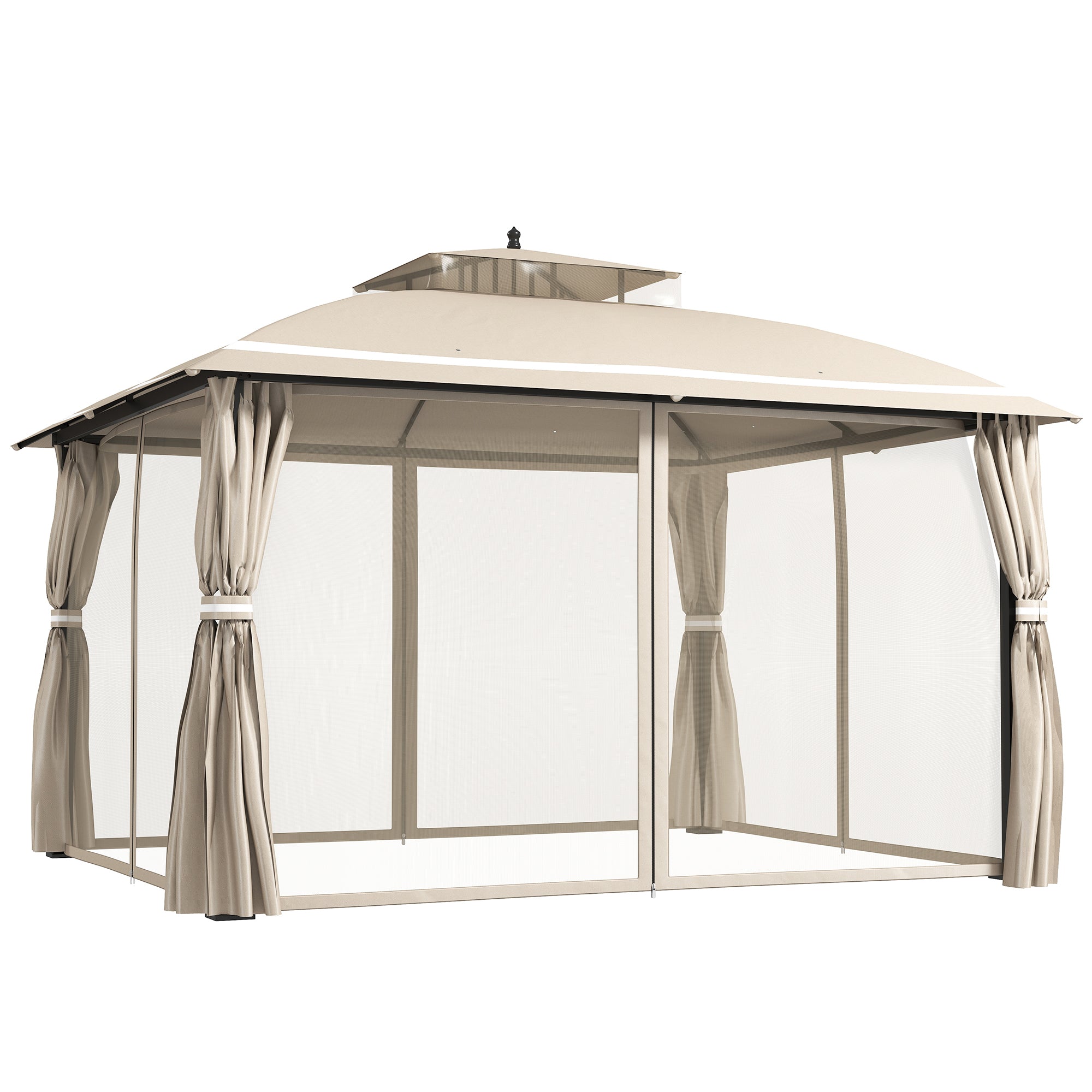 Outsunny Gartengazebo 3.7x3 m Pergola Gazebo mat Duebel Belëftungdach, Säitwänn, Mëschkënetz, Waasserbeständeg Anti-UV Dächdecke fir Outdoor Terrass / Patio Beige