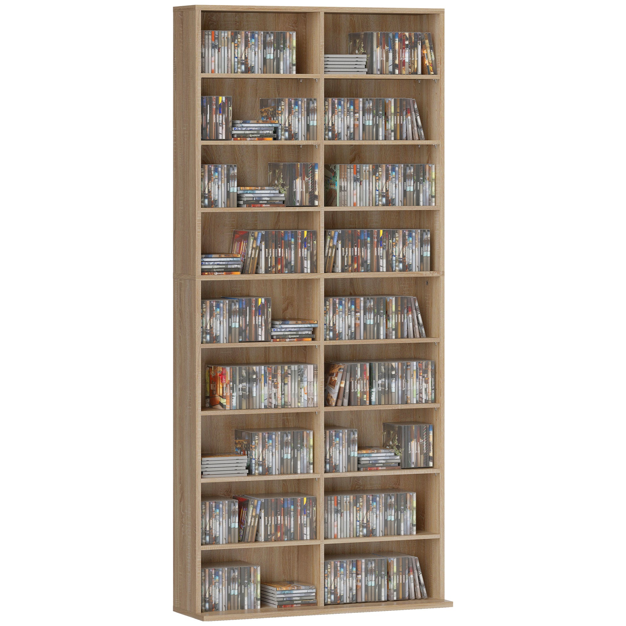 HOMCOM mediehylla för CD, DVD och Blu-ray – Rymmer upp till 640 CD / 360 DVD / 430 Blu-ray, justerbara hyllor, naturträfinish (78,5 x 24 x 175 cm)