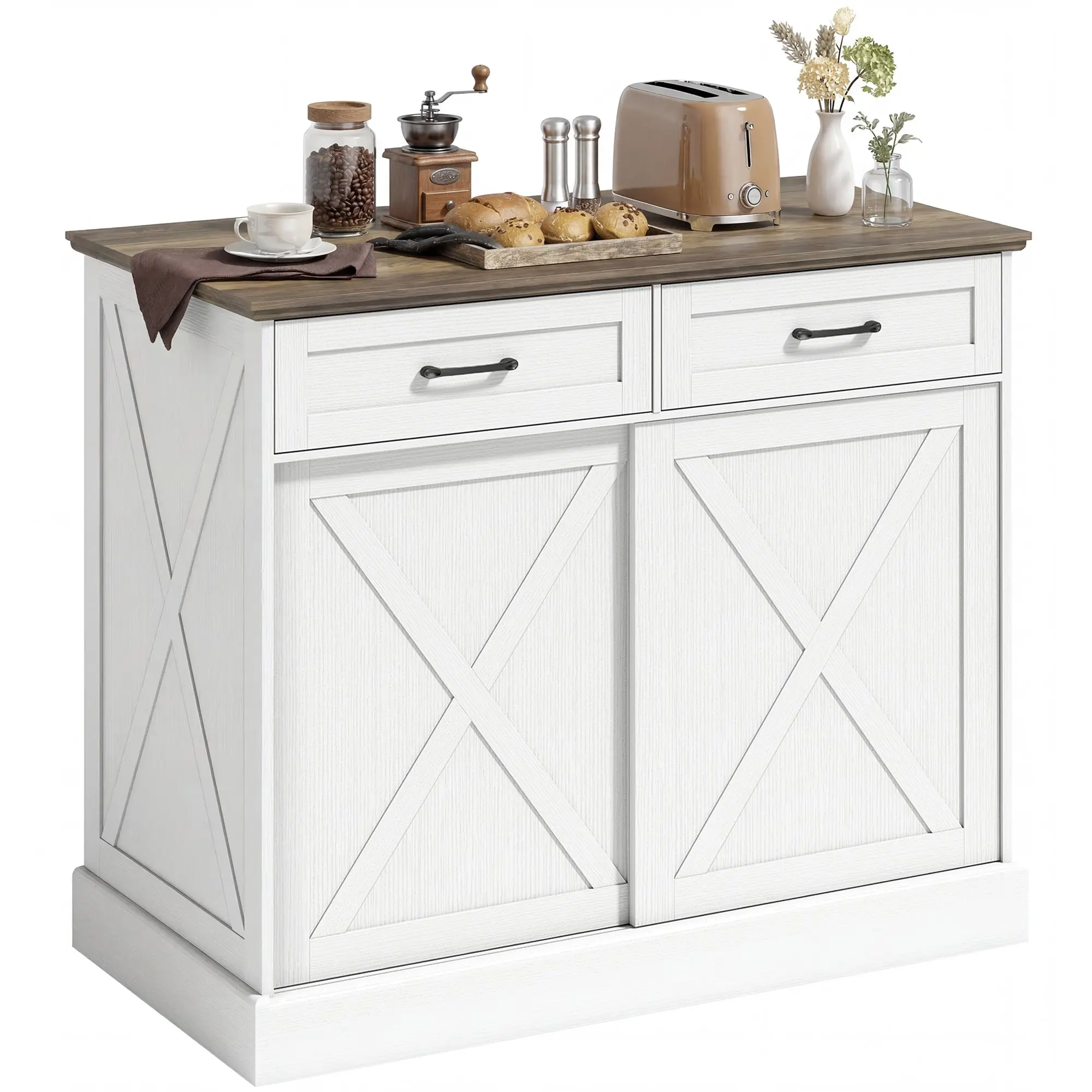 Kitchen Island, Storage Cabinet with 2 Drawers, 2 Sliding Doors & Adjustable Shelf, Rustic Style, 41.9 x 22.4 x 36.2 in, White and Brown