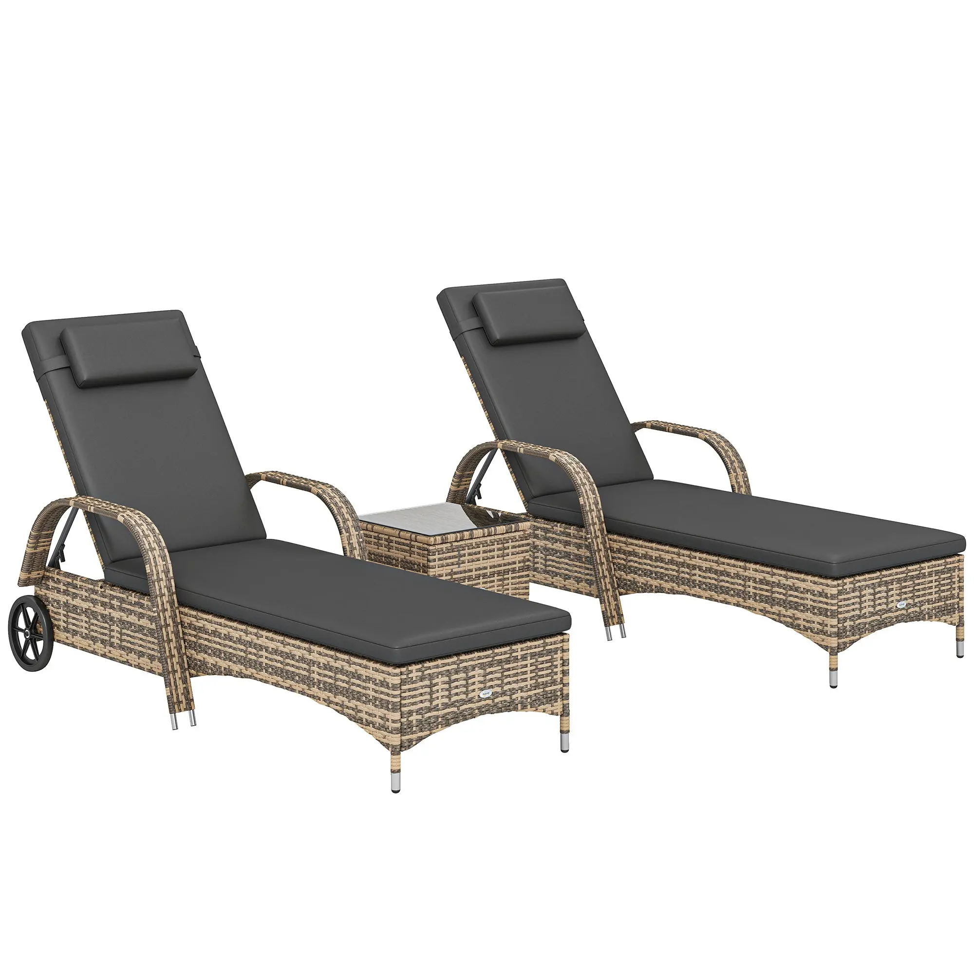 2-Piece Extra-Comfort Sun Loungers with Cushions & Headrests, Multi-Position Adjustable Backrests, Armrests, Wheels + Dark Gray Wicker Coffee Table with Tempered Glass