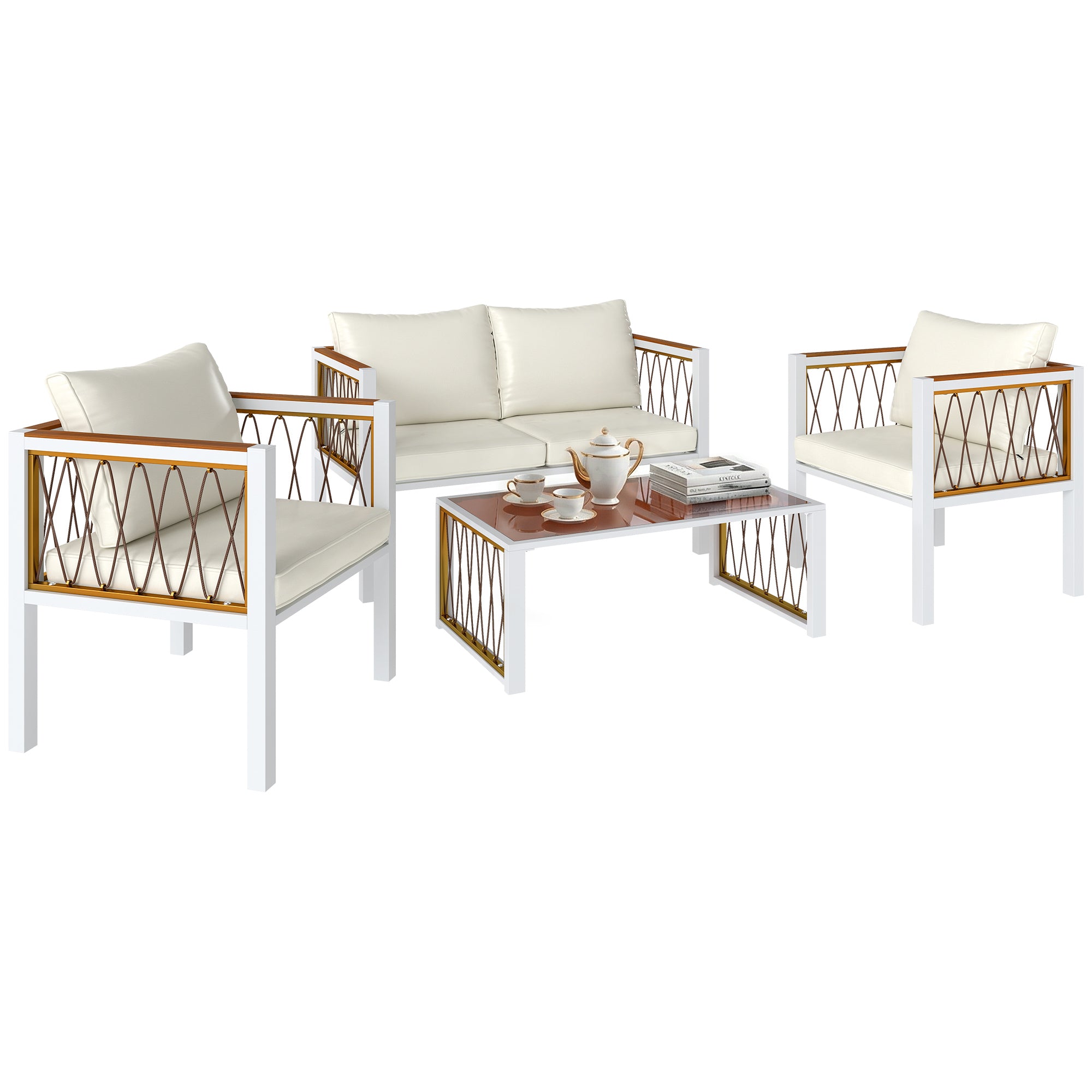 Outsunny 4-teiliges Rattan-Lounge-Set – Zweisitzer, 2 Sessel & Glas-Couchtisch, abnehmbare Kissen, Anti-Rutsch-Pads, Balkon-/Gartensitzgruppe für 4, Cremeweiß