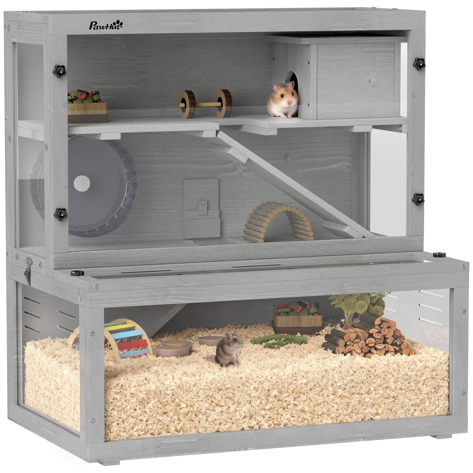 3-Level Wooden Hamster Cage with House, Wheel, Ramps & Clear Panel — for Dwarf Hamsters & Gerbils, 31.5x19.7x33.1 in (Gray)