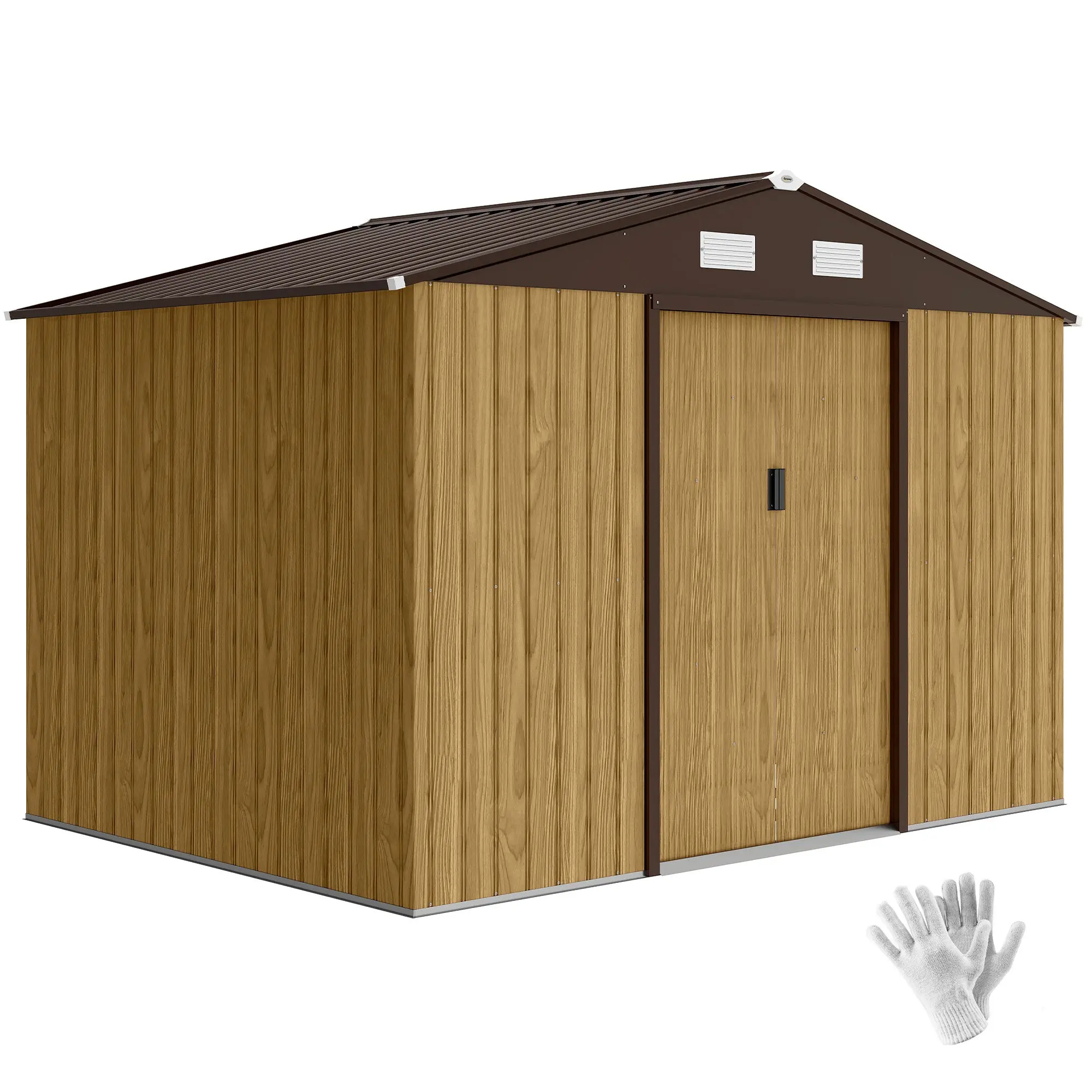 Metal Garden Shed 53 sq ft (277×195×192 cm) – Sliding Locking Door, Ventilation & Foundation Kit, Light Brown