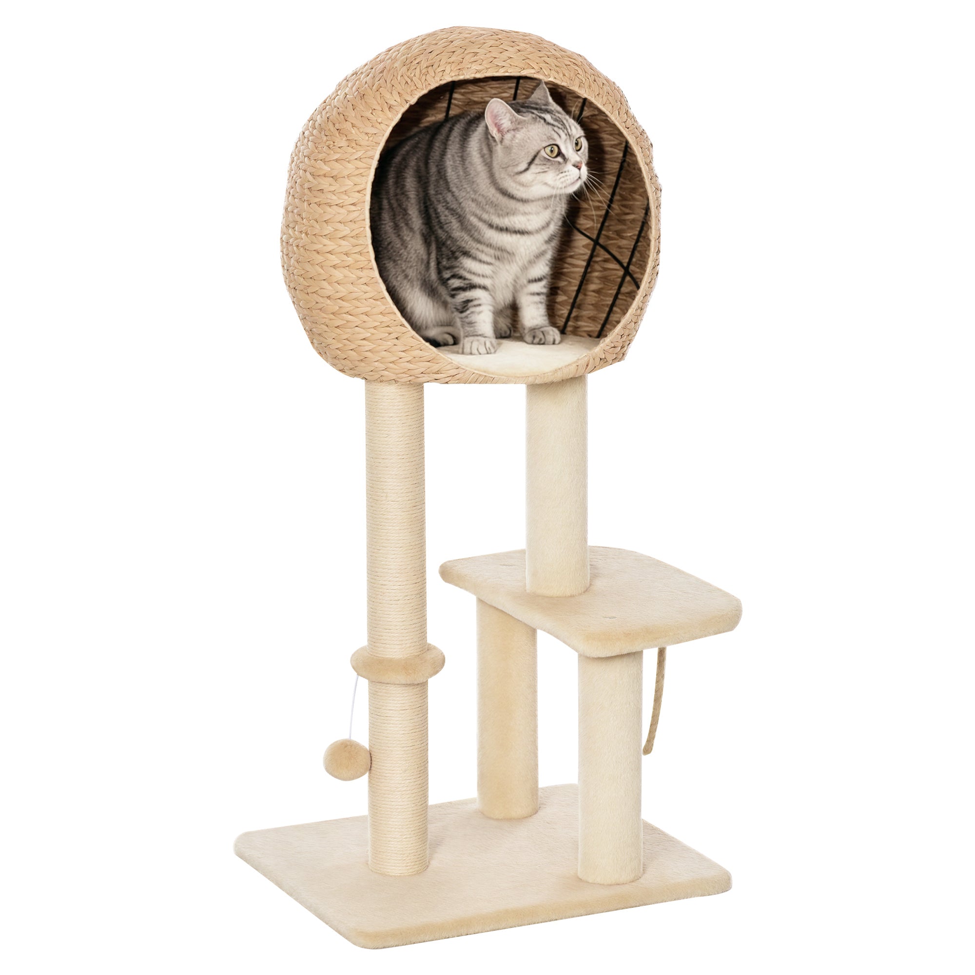 PawHut 100 cm kattemiljø med hule, legetøjskugle, sisalposter, platform, flermediet katteklo-skraber, klatretræ til mellemstore katte, beige