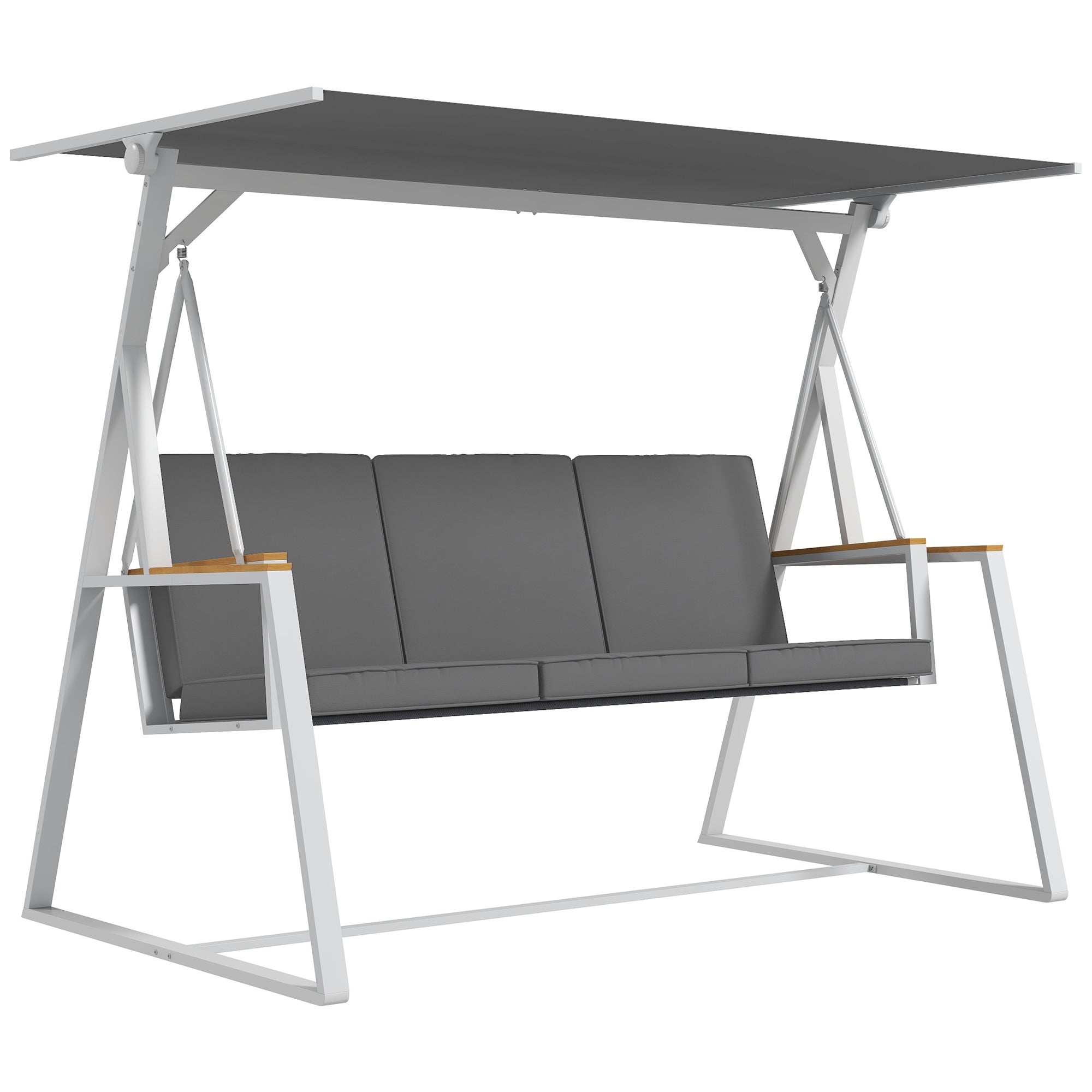 Balançoire de Jardin Outsunny 3 Places avec Toit Inclinable Réglable, Matelas Inclus, Cadre en Acier, Dimensions : 205L x 130l x 175H cm Gris Foncé
