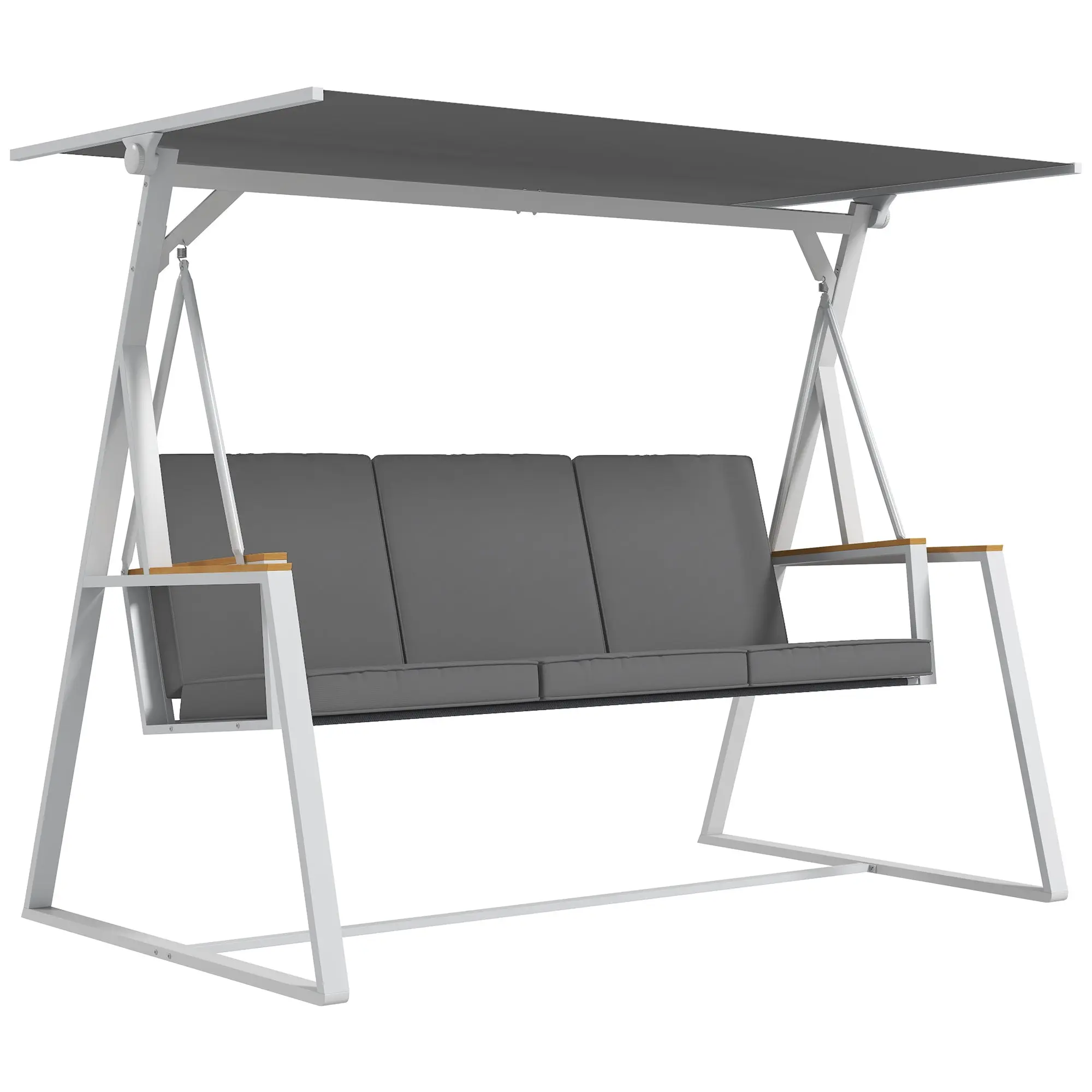 3-Seater Garden Swing with Adjustable Roof Incline, Provided Mattress, Steel Frame, Dimensions: 205L x 130W x 175H cm Dark Gray
