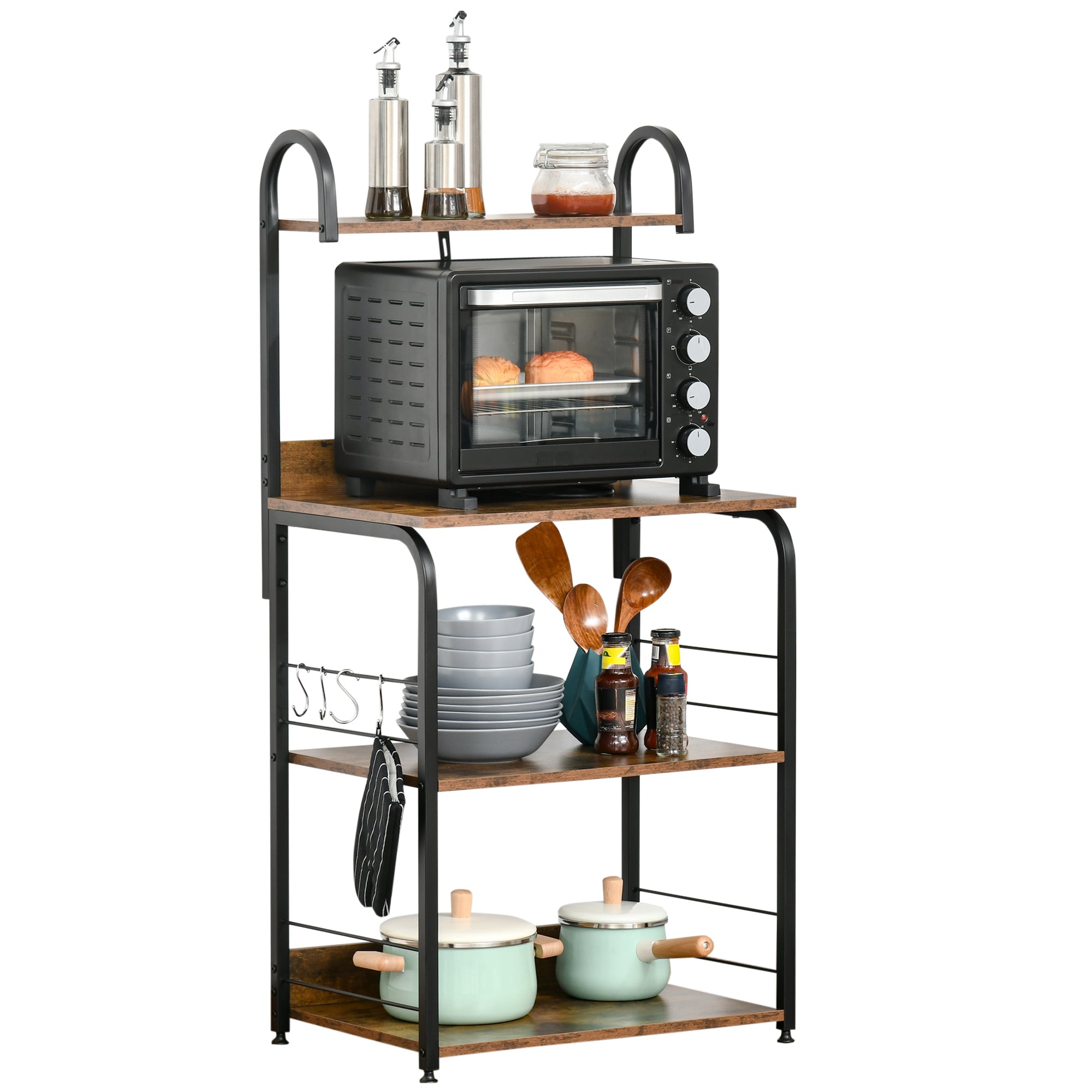 HOMCOM 4-stöckiges Küchenregal mit Haken und Mikrowellenständer 60x40x125 cm Rustikbraun und Schwarz