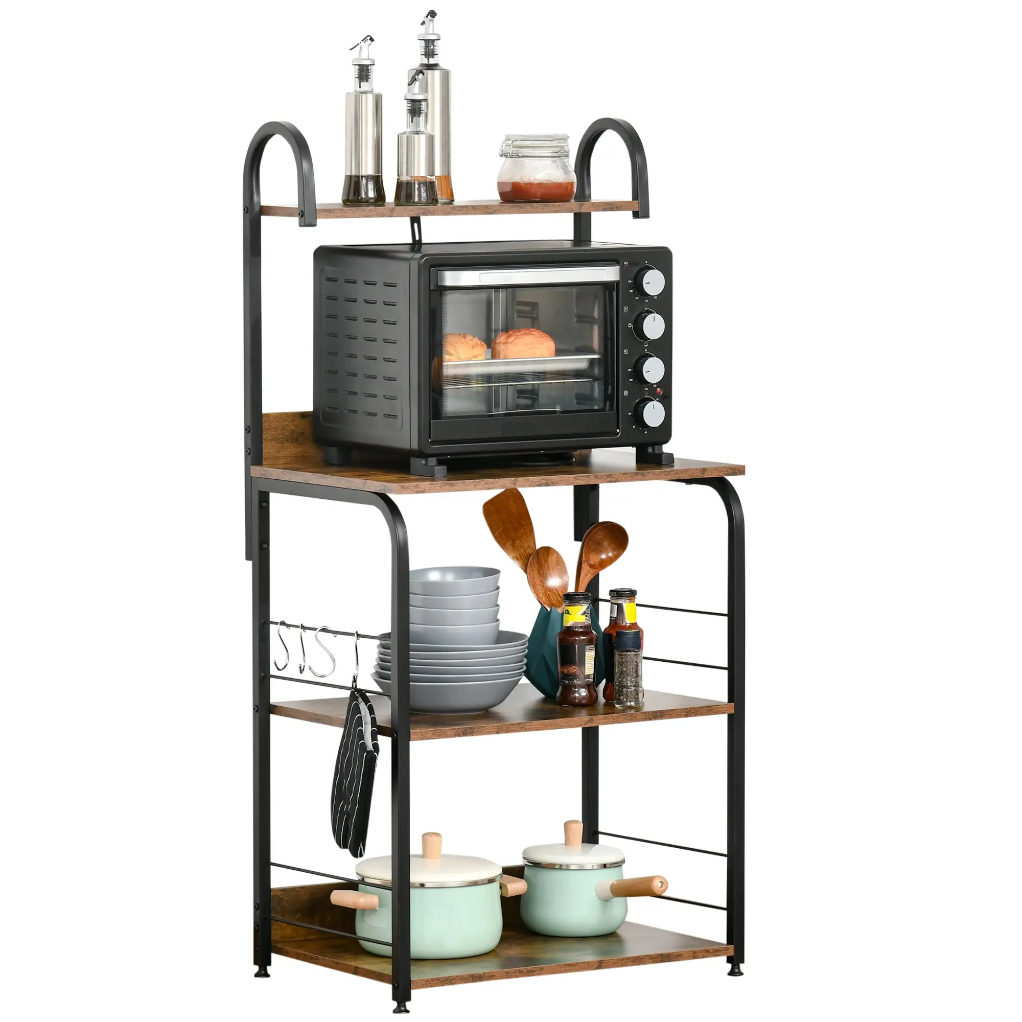 4-Tier Kitchen Shelf Kitchen Rack with Hooks Microwave Stand 60x40x125 cm Rustic Brown and Black
