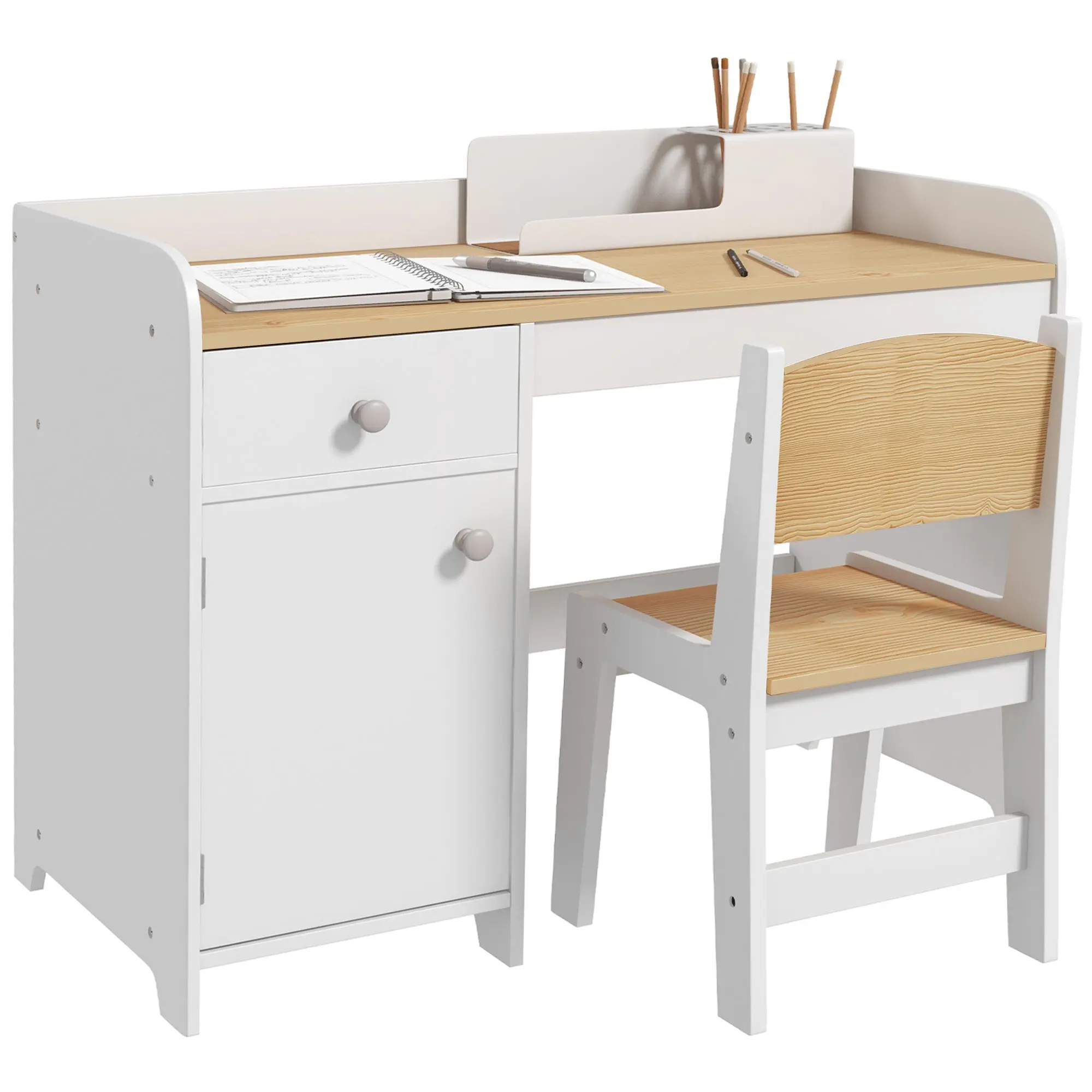 ZONEKIZ Kids Desk & Chair Set with Drawer and Storage, Large Worktop – White, Ages 3–6 (31.5 x 15.4 x 23.2 in)