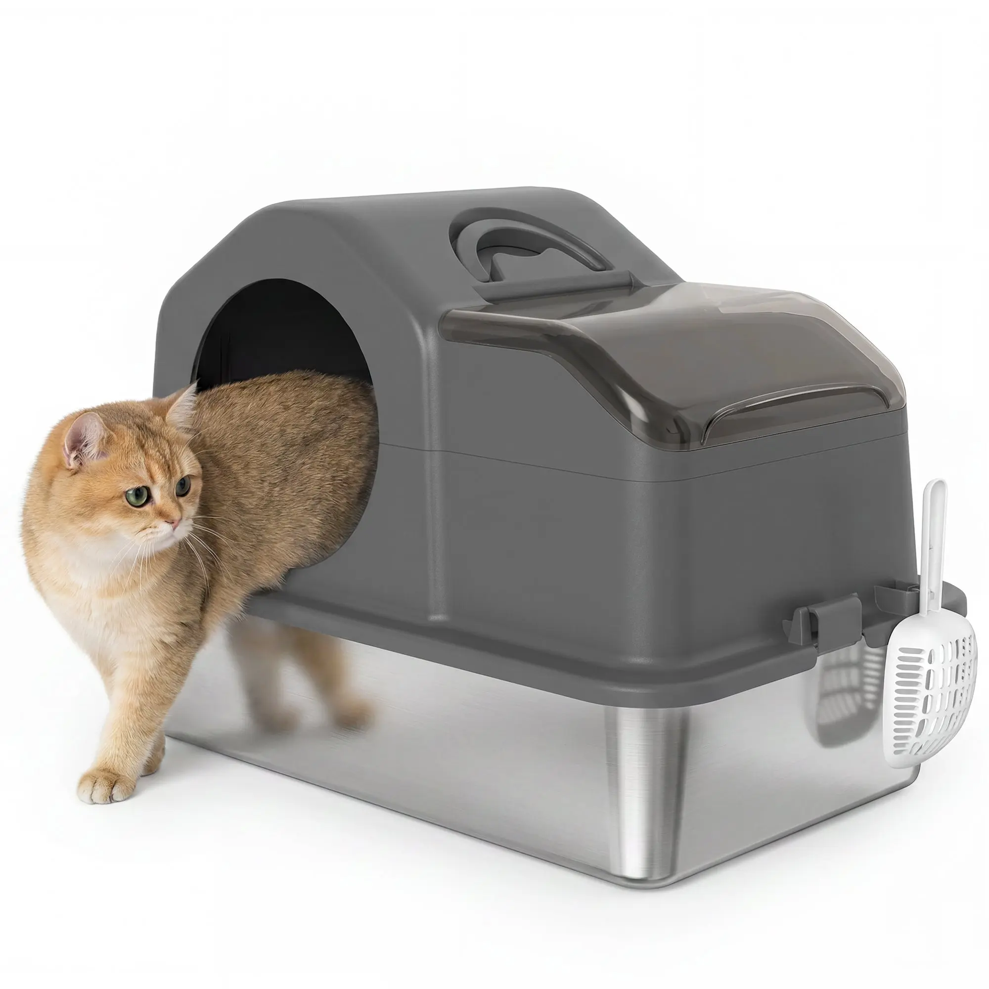 Covered Cat Litter Box with Removable Lid, High-Sided Stainless Steel Litter House – Odor-Control, Non-Stick, Leak-Proof, Easy to Clean, 60.5 x 40.5 x 45 cm (23.8 x 15.9 x 17.7 in), Dark Gray
