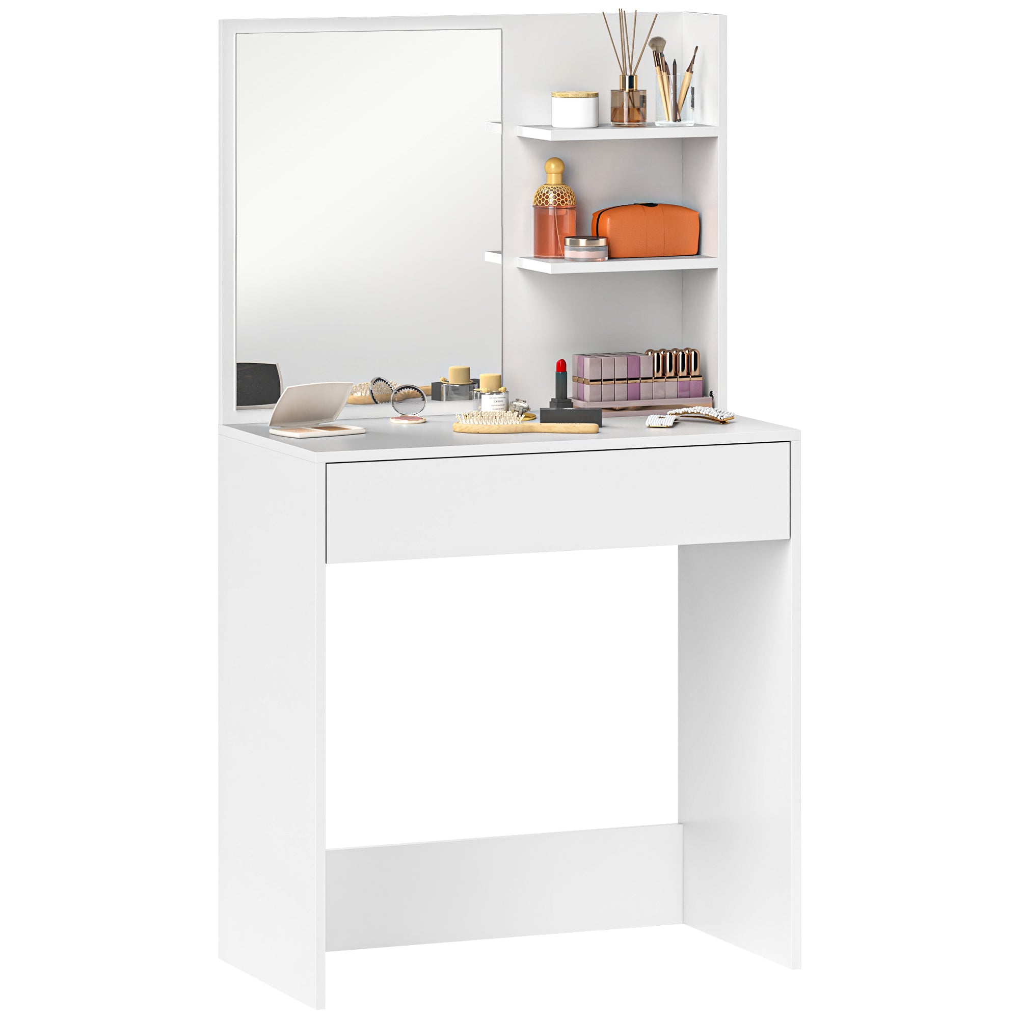 HOMCOM Schminktisch mit Spiegel – Make-up Tisch mit Schublade und offenen Regalen – Vanity Set für Schlafzimmer und Wohnzimmer in Weiß