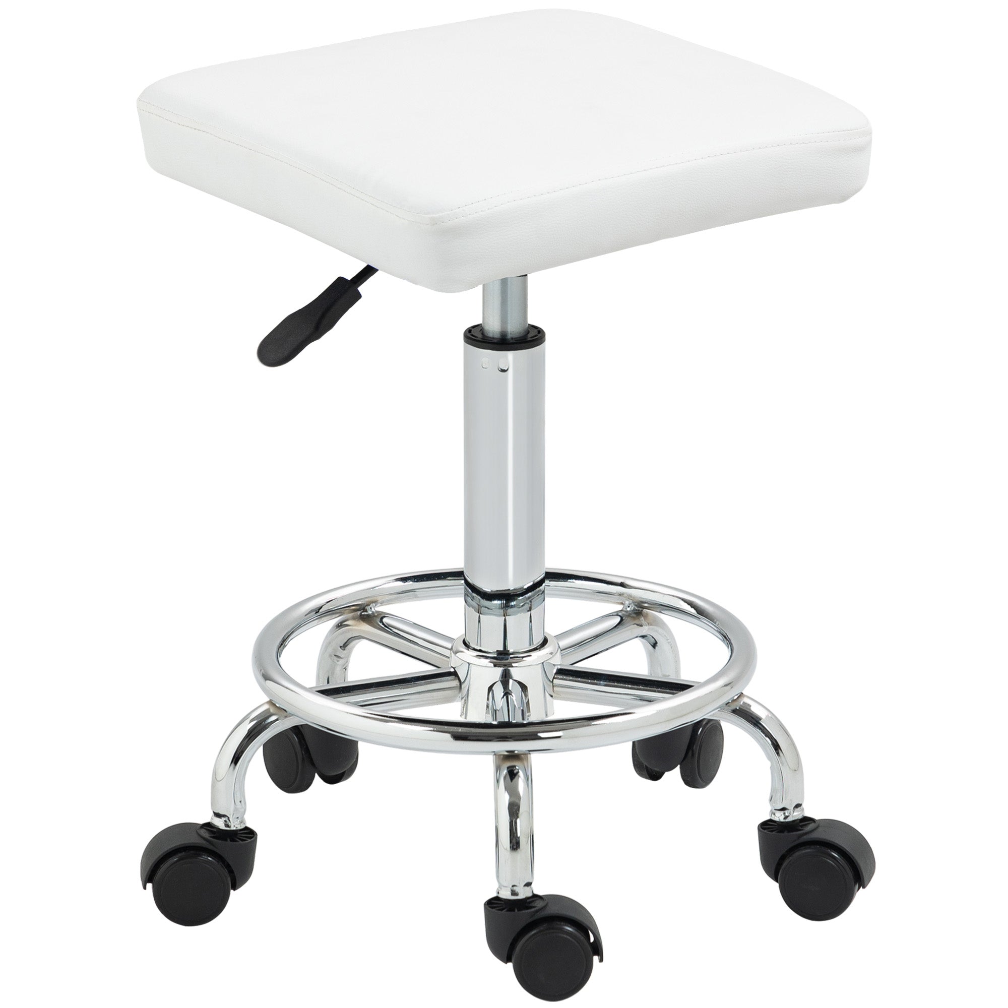 HOMCOM Drehhocker mit Rädern Höhenverstellbar 50-66 cm Gepolsterter Sitz PU Leder Fußstütze für Wohnzimmer und Werkstätten Weiß