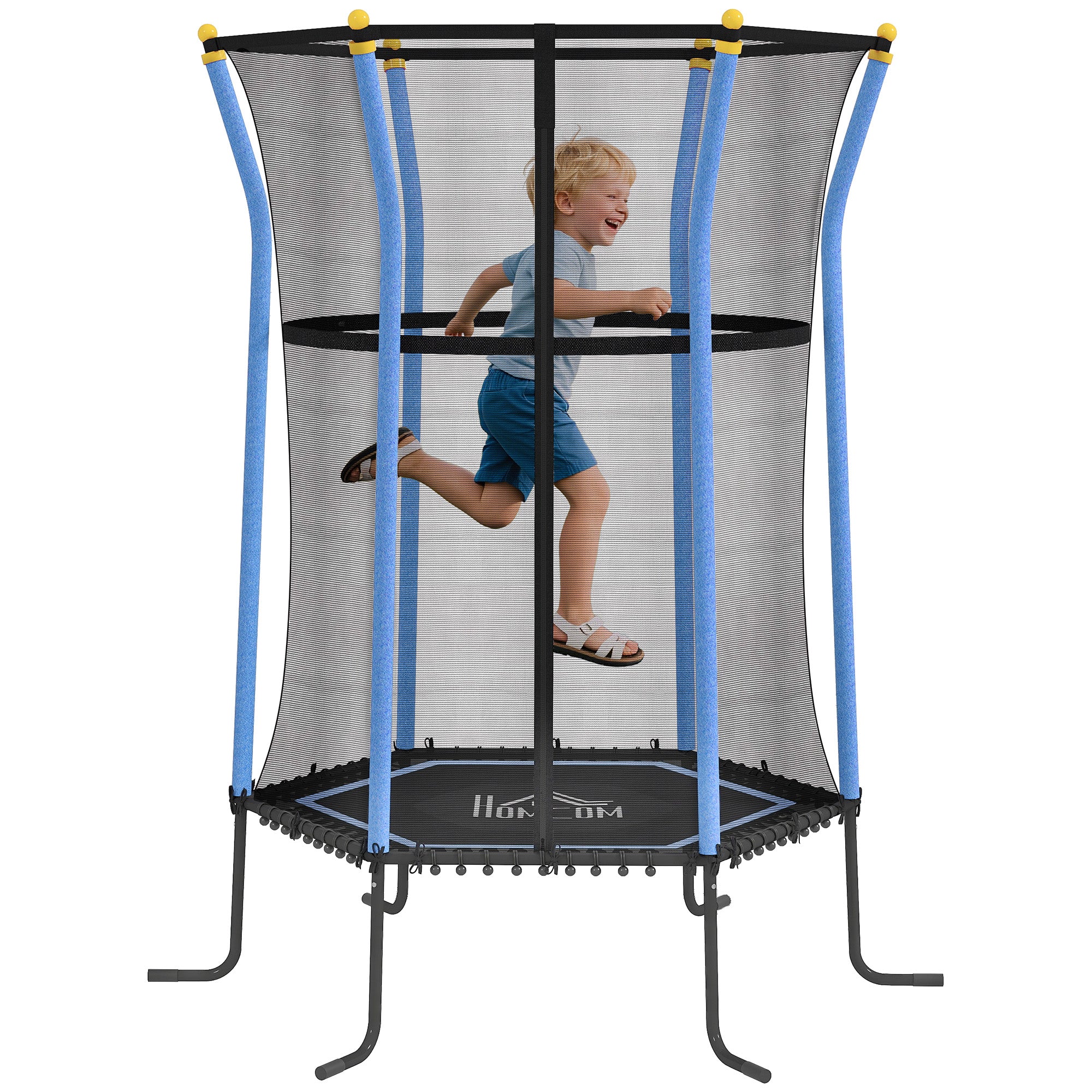 HOMCOM Børne Trampolin Ø163,5 cm, Indendørs Trampolin med Sikkerhedsnet og Kantdæksel Bungee Snor, Børne Trampolin op til 50 kg, til Børn 3-10 År Blå