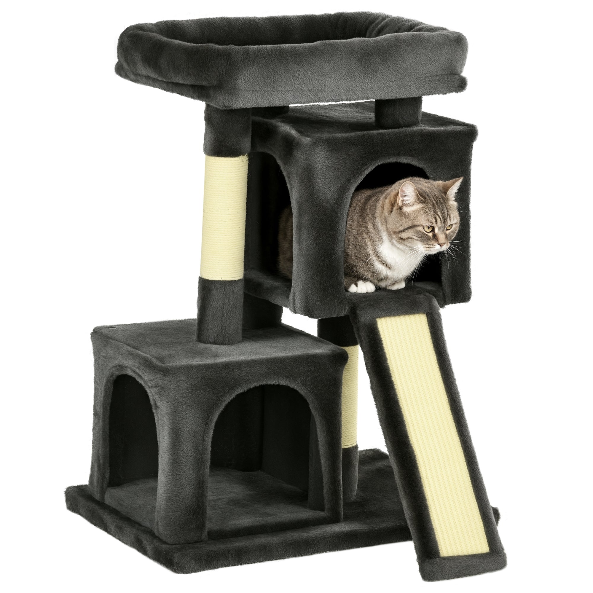 PawHut 83 cm Katzenbaum - Kleiner Kratzbaum für Katzen mit Sisal-Säulen, Katzenkratzbaum, Katzen-Kletterbaum, Katzenmöbel Spielbaum für kleine Katzen, Dunkelgrau