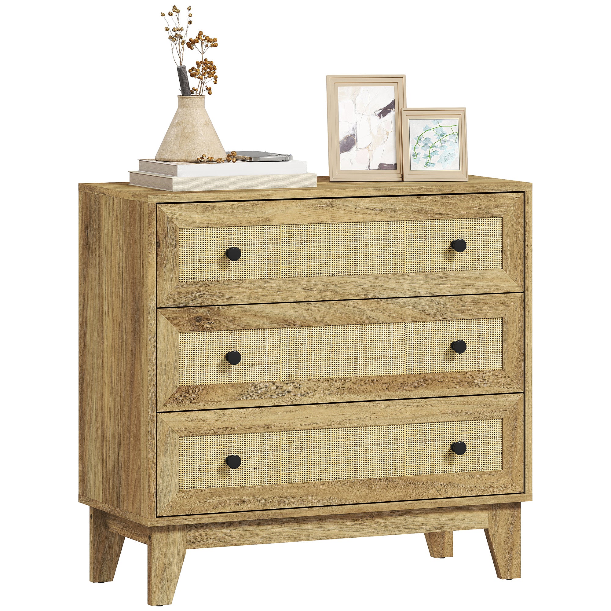 HOMCOM Kommode mit 3 Schubladen, schmale Schlafzimmerkommode mit Rattan-Fronten und erhöhten Beinen, Kommode für Wohnzimmer und Büro 80x35x76 cm Natur