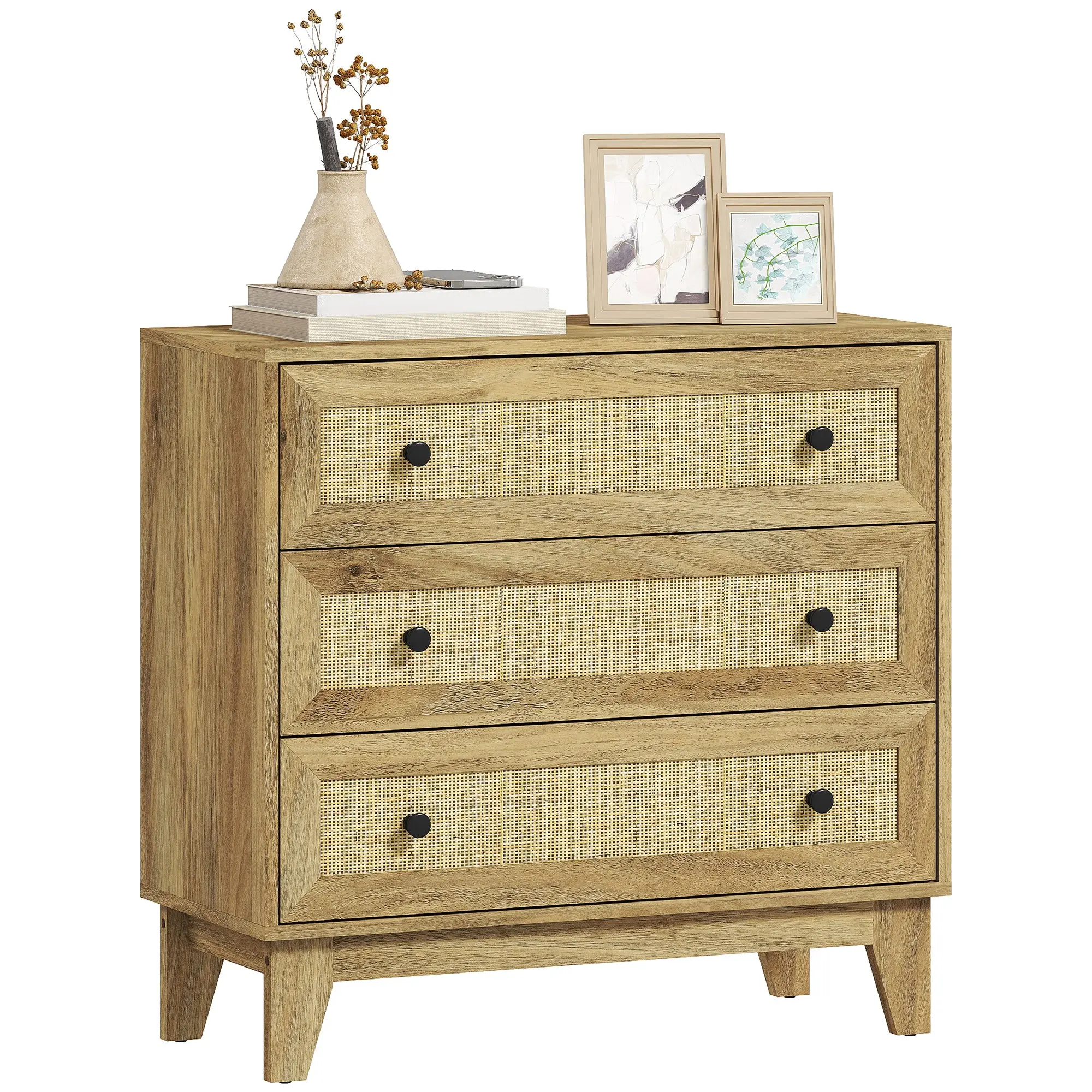 Chest of Drawers with 3 Drawers Narrow Bedroom Dresser with Rattan Fronts and Raised Legs Dresser for Living Room Office 80x35x76 cm Natural