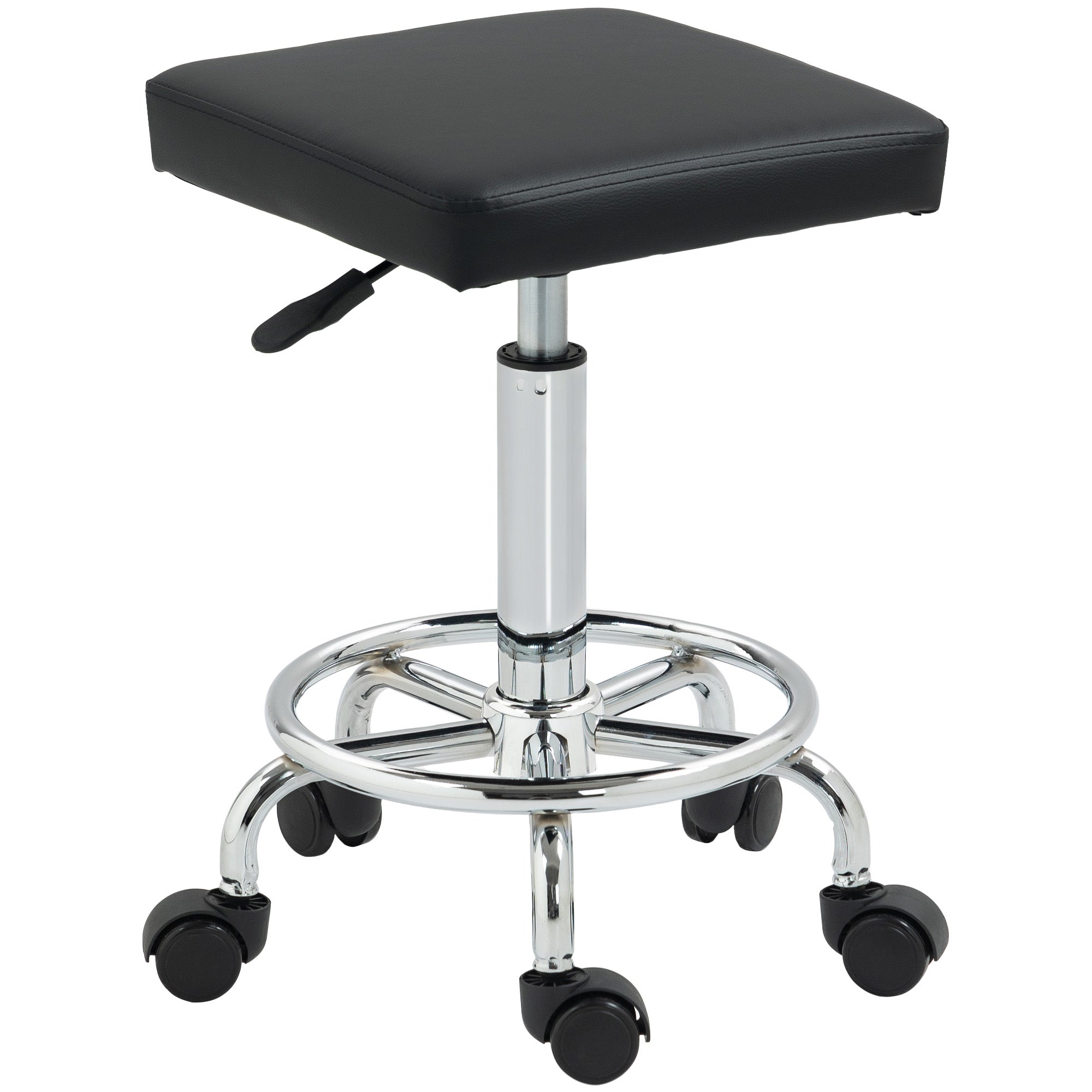 HOMCOM Drehhocker mit Rollen, höhenverstellbar 50-66 cm, gepolsterter Kunstleder-Sitz, Fußstütze für Wohnzimmer und Werkstätten, Schwarz