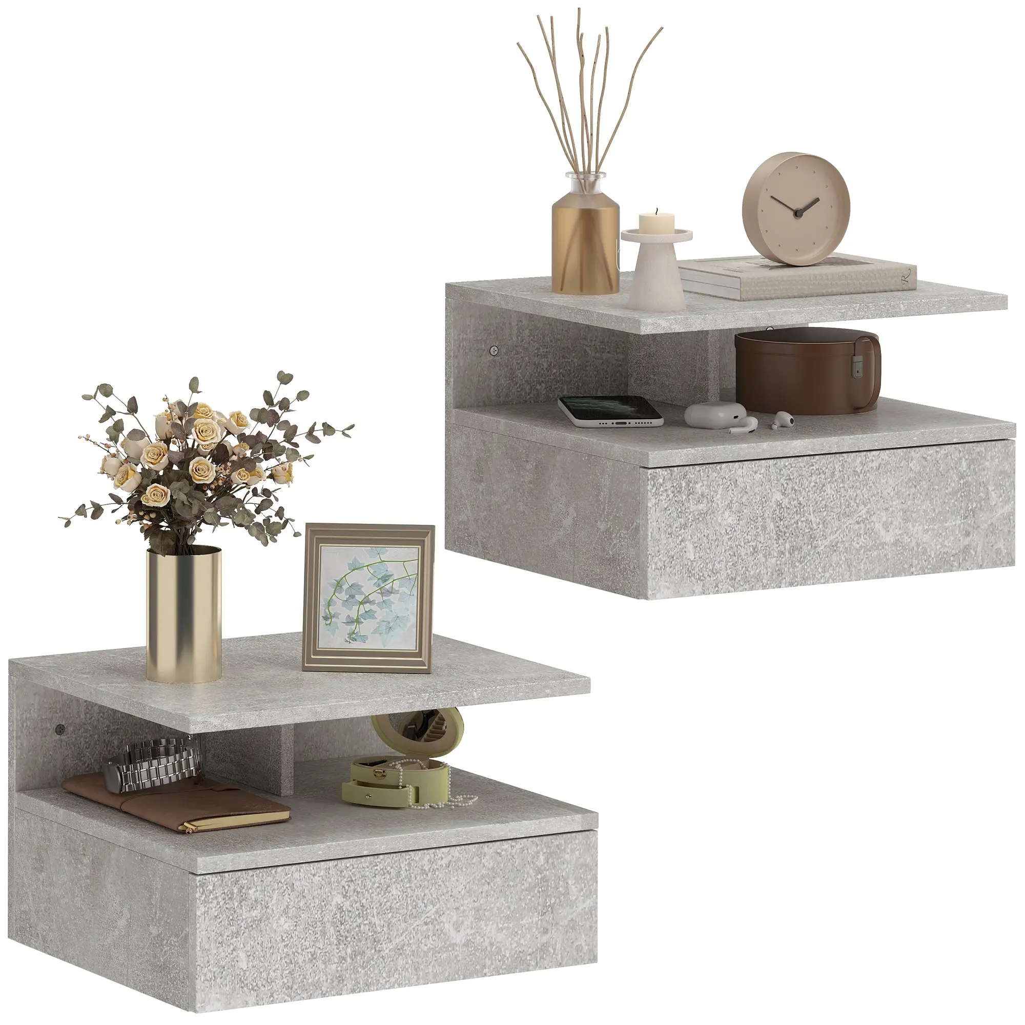 Set of 2 Wall-Mounted Nightstands, Floating Nightstands with Drawer & Open Shelf, Modern — 13.8 x 12.6 x 8.9 in, Cement Gray