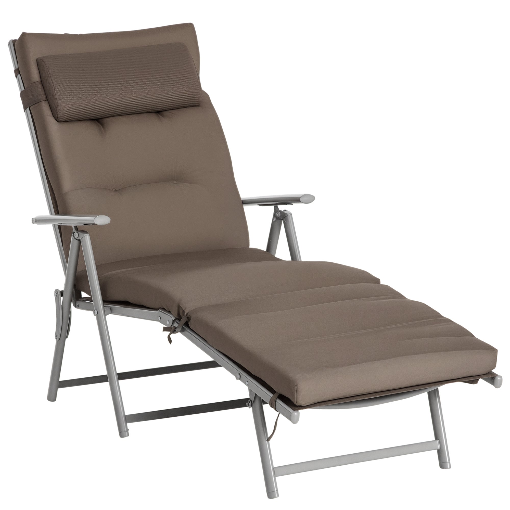 Outsunny Faltbare Sonnenliege mit Kopfstütze und Sitzkissen, Liegestuhl mit 7-fach verstellbarem Rückenlehne für Garten und Urlaub, bis 165 kg, Braun