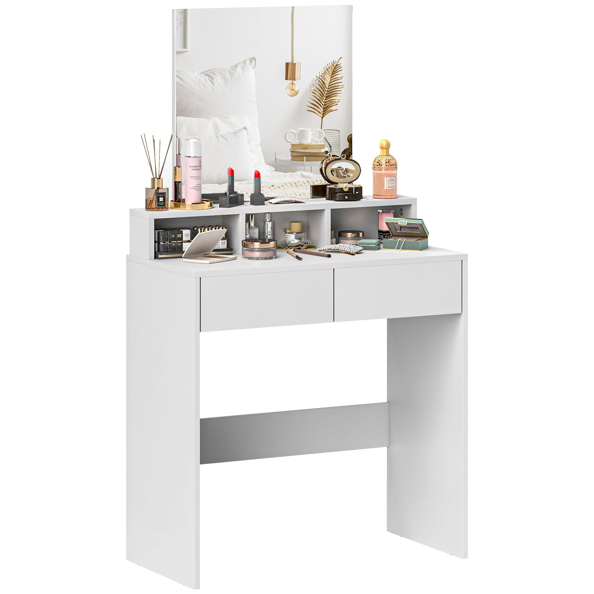 Coiffeuse HOMCOM avec Miroir et Table de Maquillage, 2 Tiroirs, 3 Compartiments, 75x38x135 cm