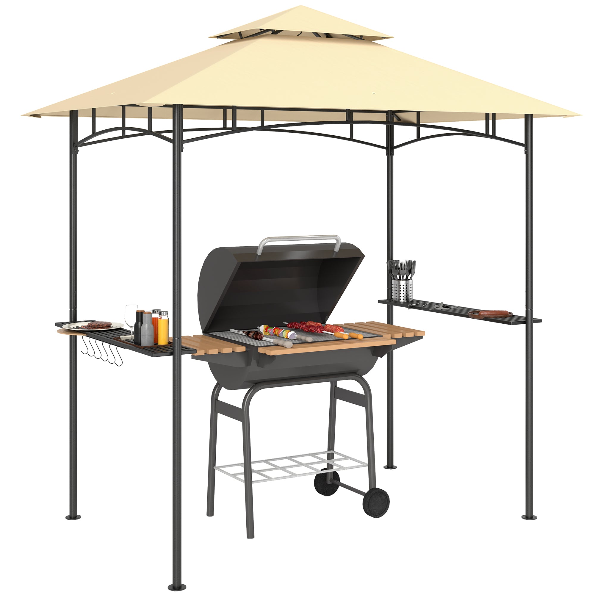 Outsunny Grillikatto LED-valolla 240 x 150 x 258 cm vesipitävä, palamattomasta materiaalista valmistettu puutarha-arkku, kaksoiskatto, sivuhyllyt, UV-suojattu pergola, BBQ-katos juhliin Beige