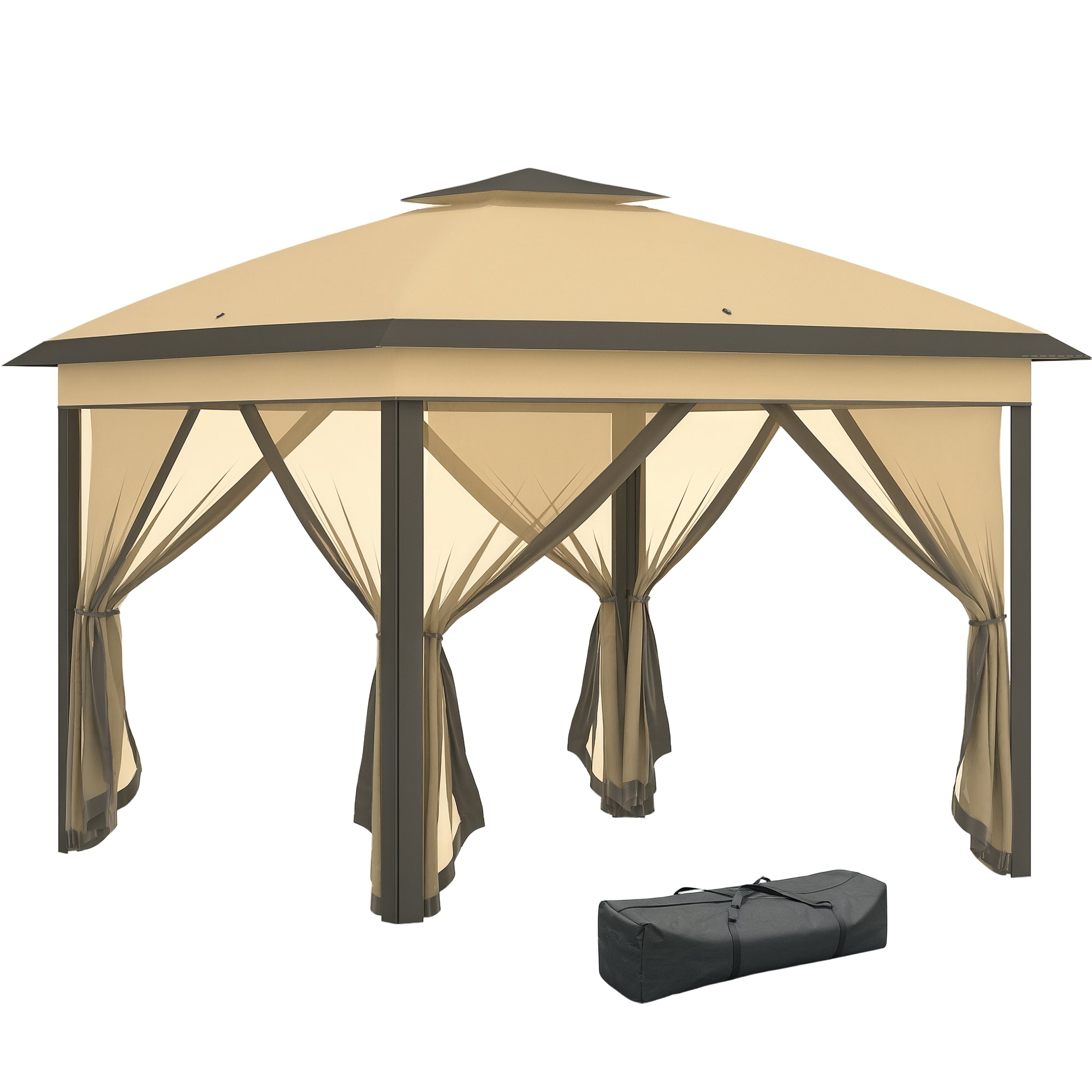 Outsunny Pavillon 3,3x3,3m, wasserabweisend Winterfest Pop-up Faltpavillon mit Doppeldach, UV Schutz, Faltbar Partyzelt Gartenzelt mit Seitenteilen, Tasche Gartenpavillon für Camping Garten, Beige