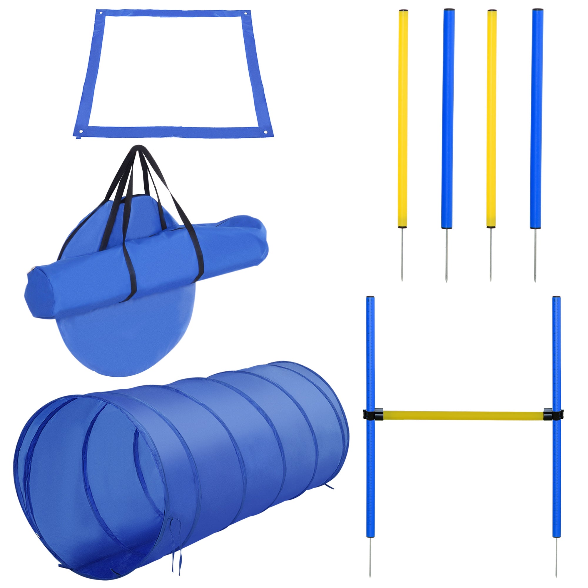 PawHut Agility Set für Hunde - 5-teiliges Agilitäts-Set für das Hundetraining, bestehend aus Hürden, Tunnel, 4 Slalomstangen, höhenverstellbaren Hürden, Pausenbox und Tragetasche